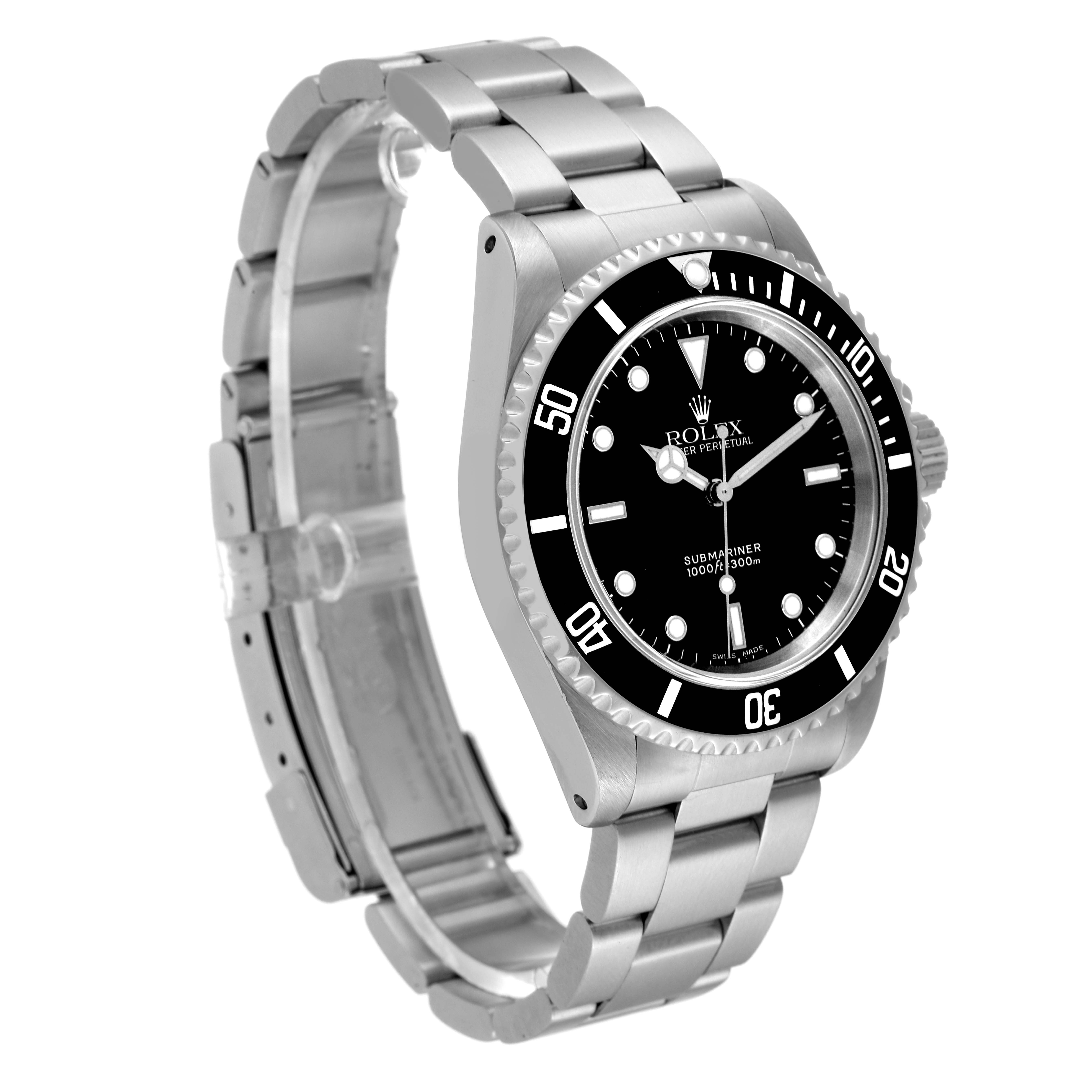 The image shows a Rolex Submariner 14060 Men
s Stainless Steel Black Dial 14060 Men
s Stainless Steel Black Dial watch at a three-quarter angle highlighting its bracelet, case, bezel, and dial.