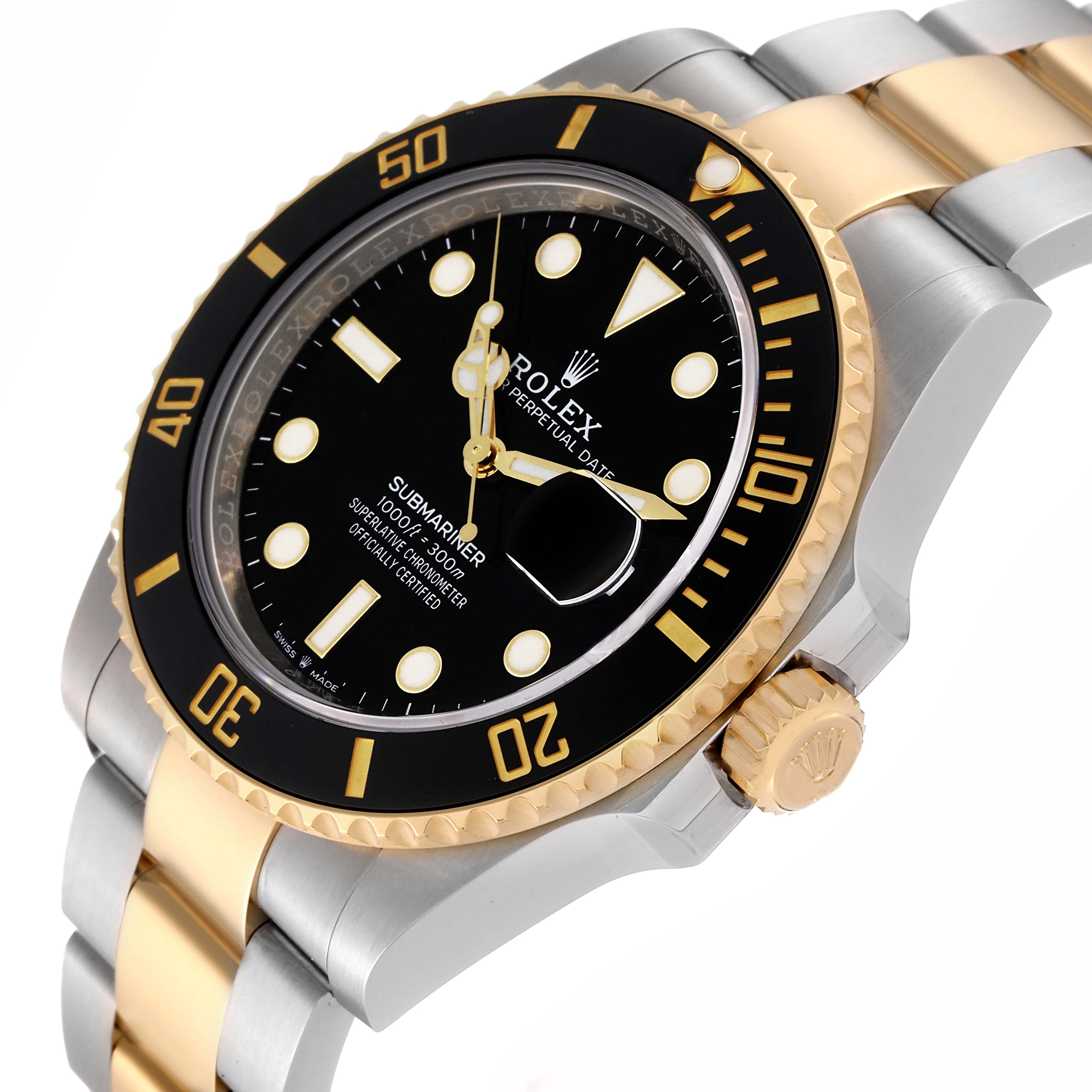 This image shows a Rolex Submariner M126613LN-0002 Men's Steel and Gold (two tone) Black Dial M126613LN-0002 Men's Steel and Gold (two tone) Black Dial watch in an angled side view, highlighting the bezel, dial, and part of the bracelet.