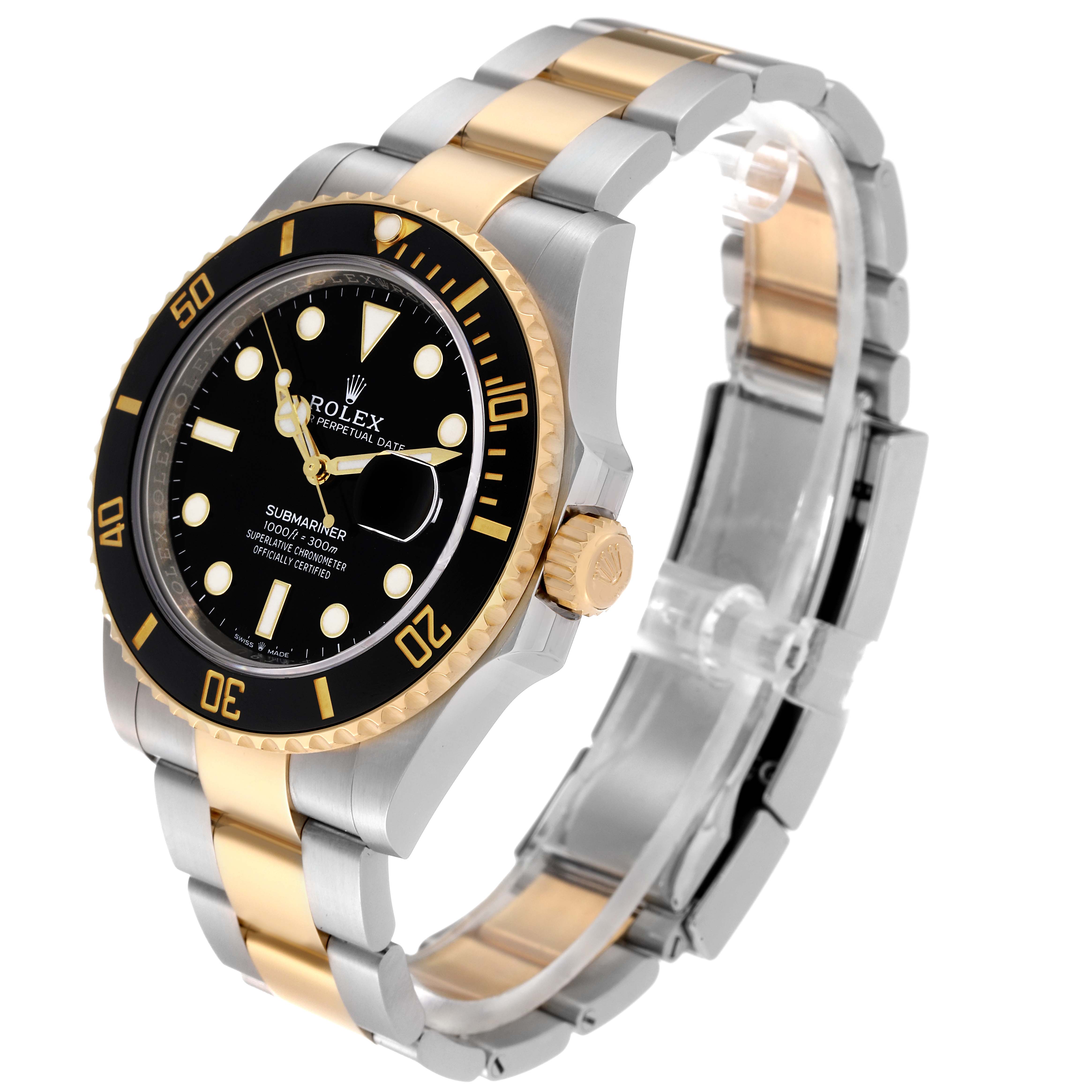 The Rolex Submariner M126613LN-0002 Men's Steel and Gold (two tone) Black Dial M126613LN-0002 Men's Steel and Gold (two tone) Black Dial watch is shown at a three-quarter angle, displaying the dial, bezel, crown, and bracelet.