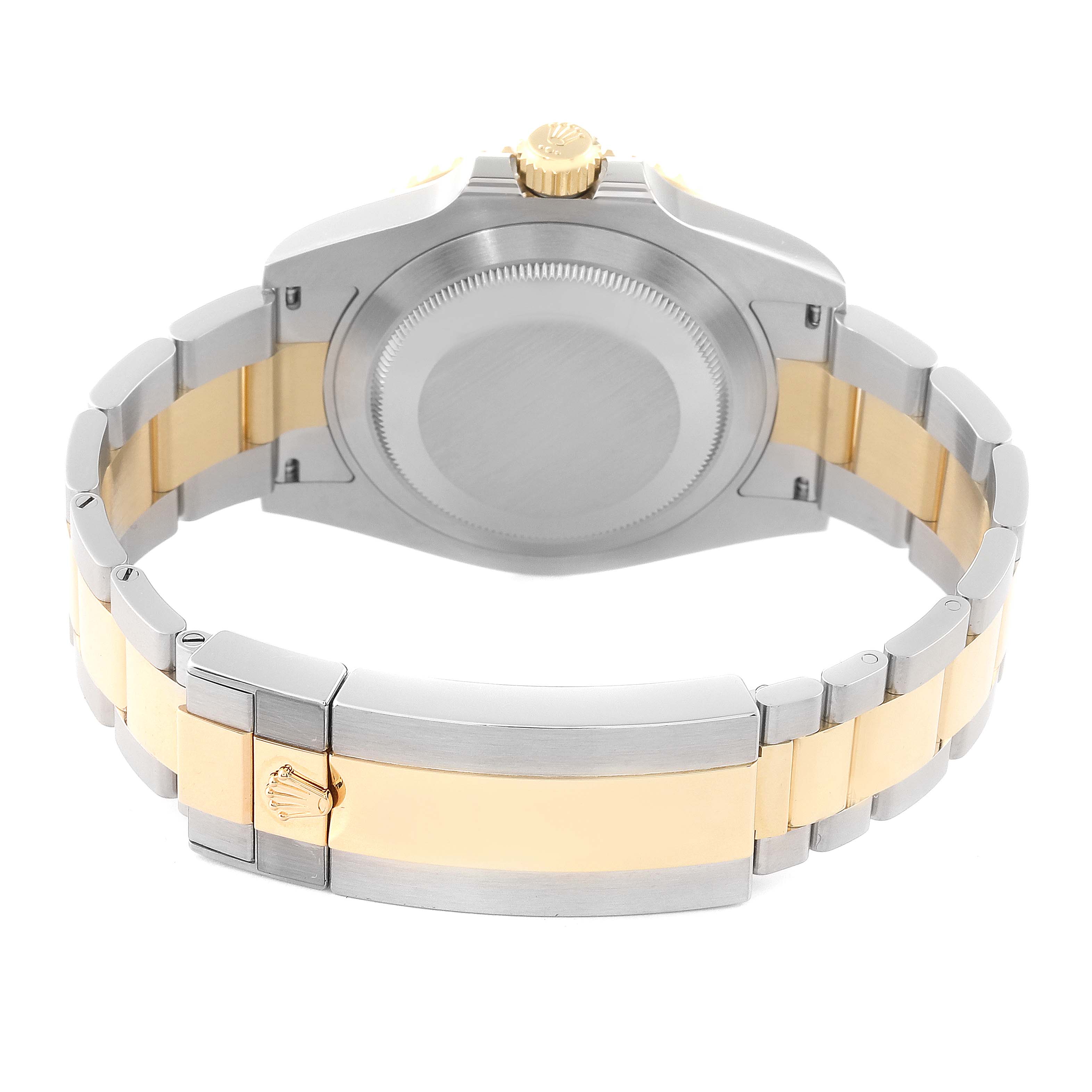 This image shows the back view of a Rolex Submariner M126613LN-0002 Men's Steel and Gold (two tone) Black Dial M126613LN-0002 Men's Steel and Gold (two tone) Black Dial watch, highlighting its case back and two-tone bracelet.