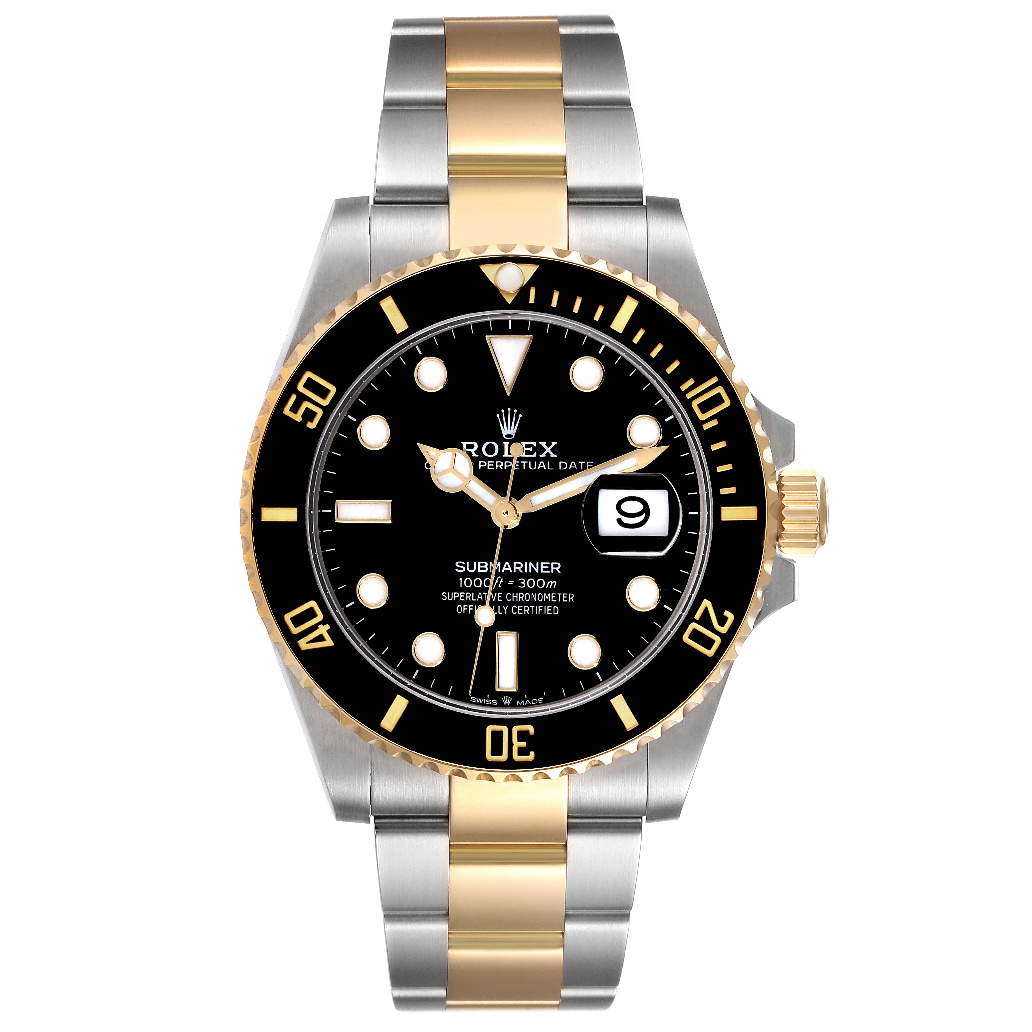 The Rolex Submariner M126613LN-0002 Men's Steel and Gold (two tone) Black Dial M126613LN-0002 Men's Steel and Gold (two tone) Black Dial watch is shown from a front angle, displaying the dial, bezel, crown, and bracelet.