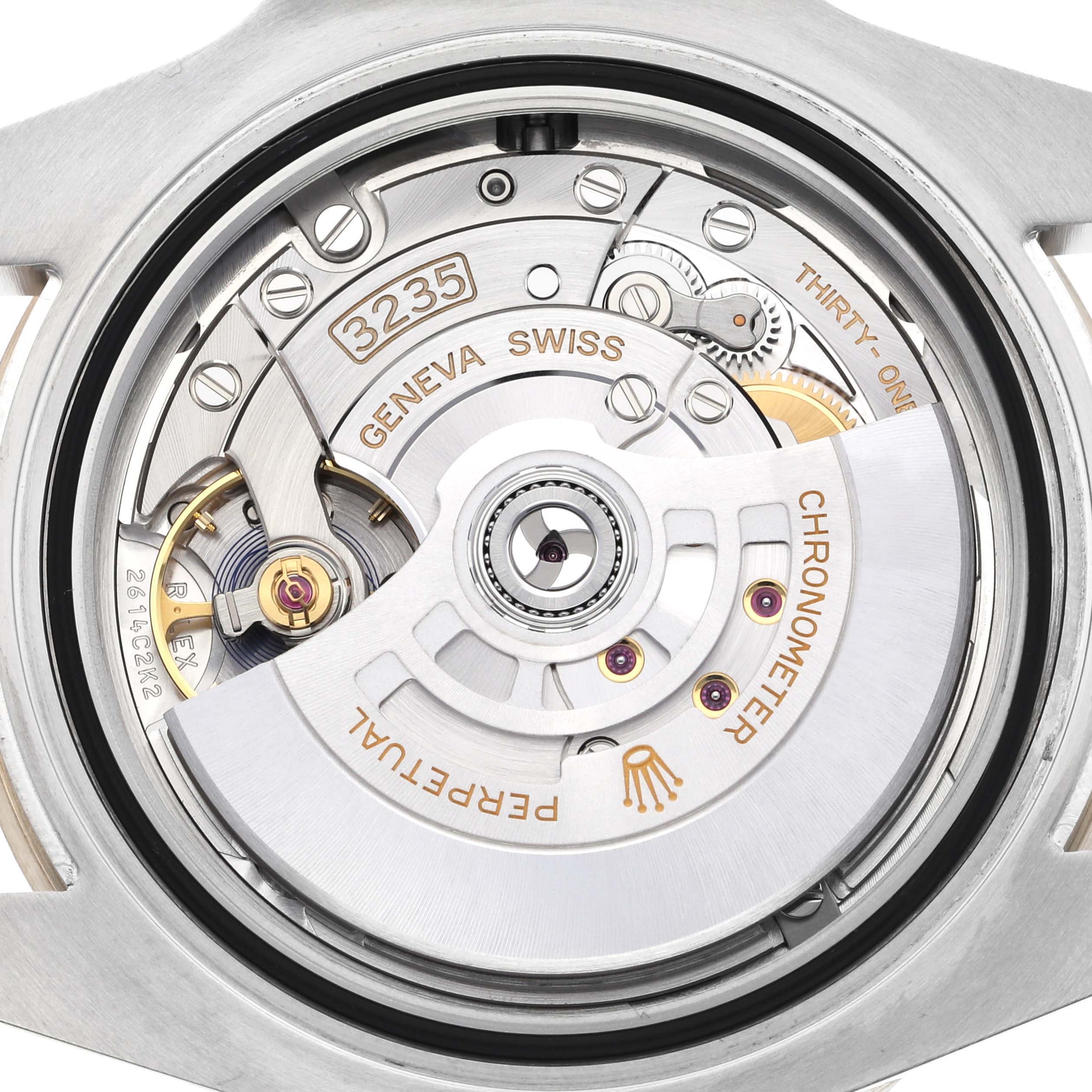 The image shows the movement and inner mechanics of the Rolex Submariner M126613LN-0002 Men's Steel and Gold (two tone) Black Dial M126613LN-0002 Men's Steel and Gold (two tone) Black Dial watch, featuring the caliber 3235.