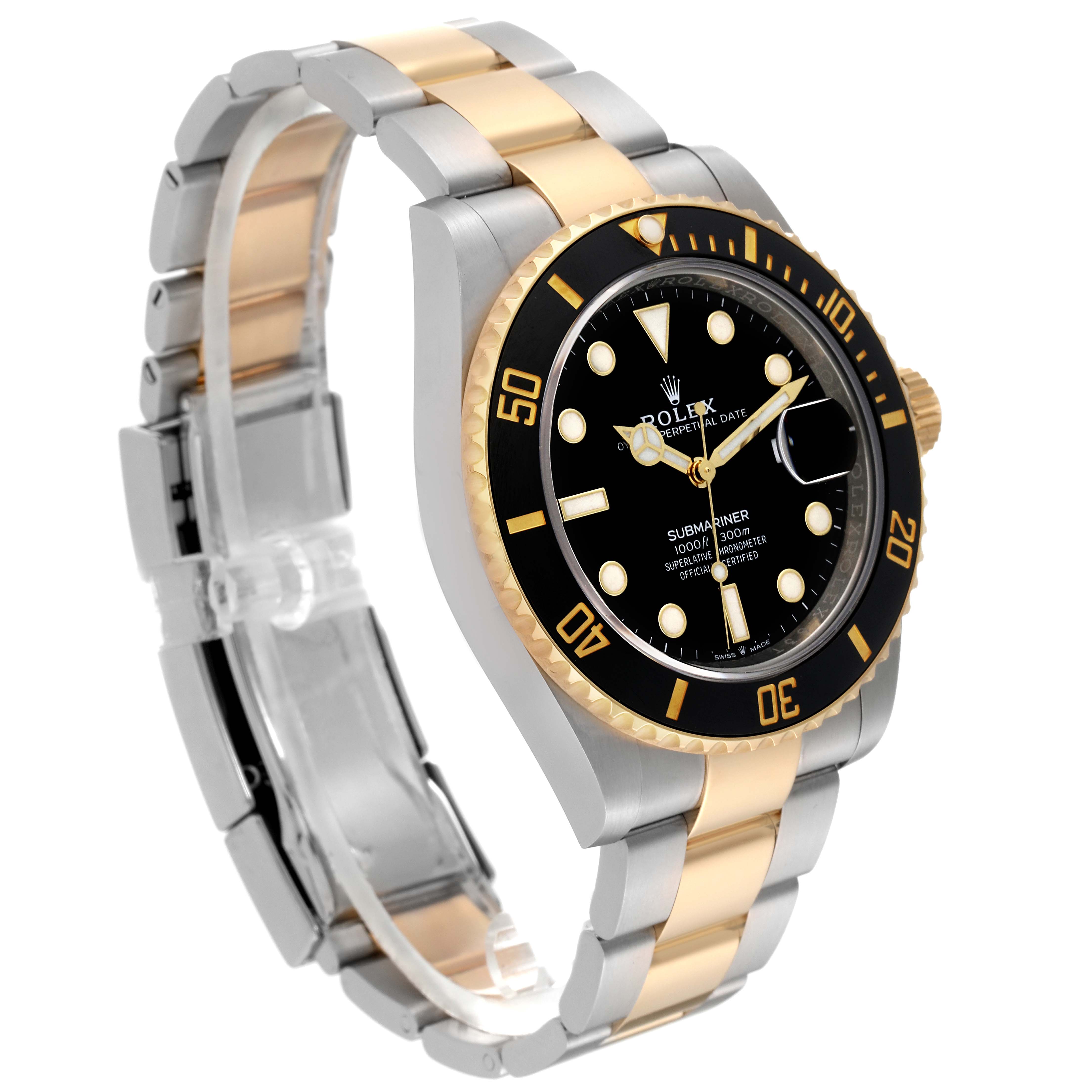 The Rolex Submariner M126613LN-0002 Men's Steel and Gold (two tone) Black Dial M126613LN-0002 Men's Steel and Gold (two tone) Black Dial watch is shown at a three-quarter angle, highlighting its bezel, dial, and two-tone bracelet.