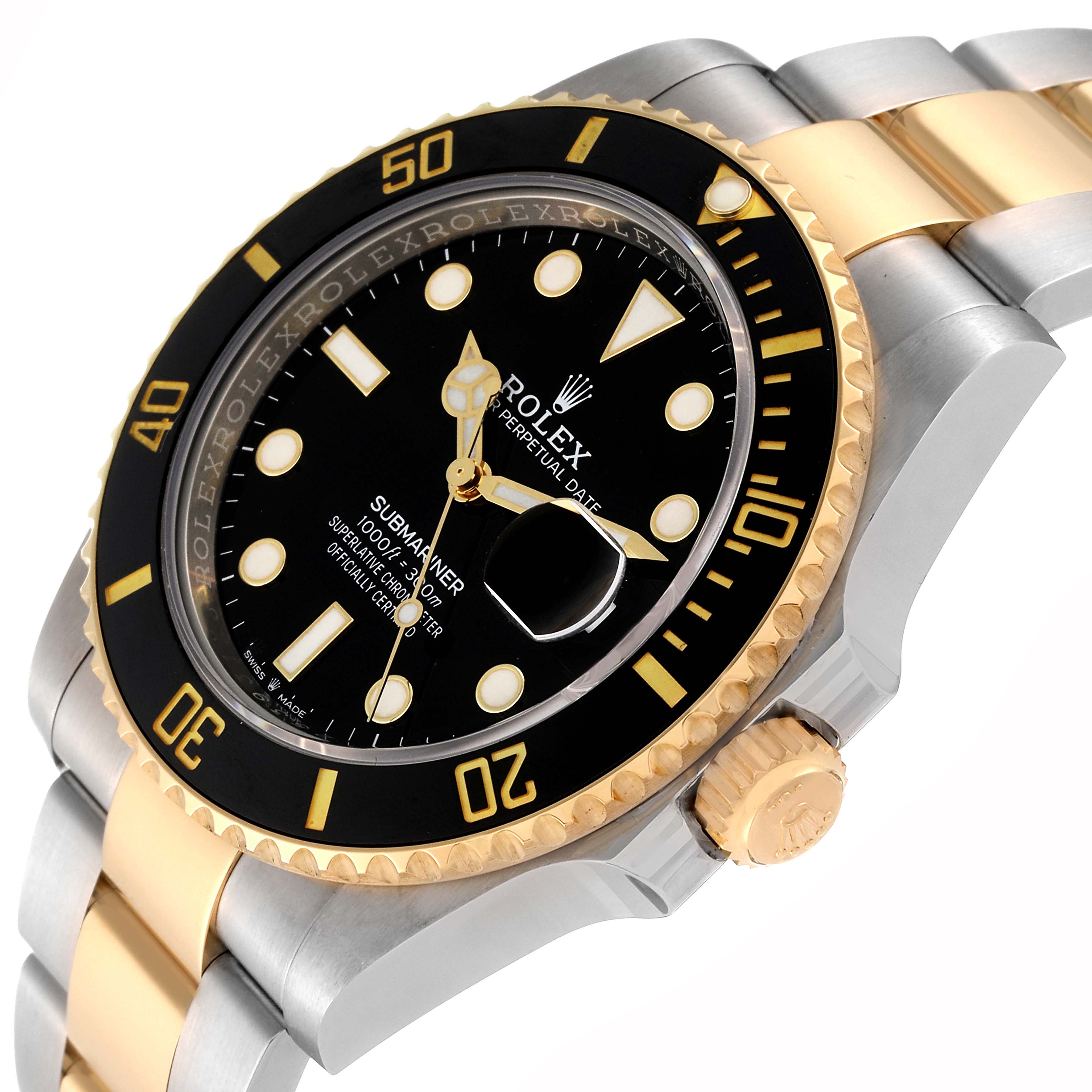 This image shows a close-up angled view of the Rolex Submariner M126613LN-0002 Men's Steel and Gold (two tone) Black Dial M126613LN-0002 Men's Steel and Gold (two tone) Black Dial, highlighting its bezel, crown, dial, and bracelet.