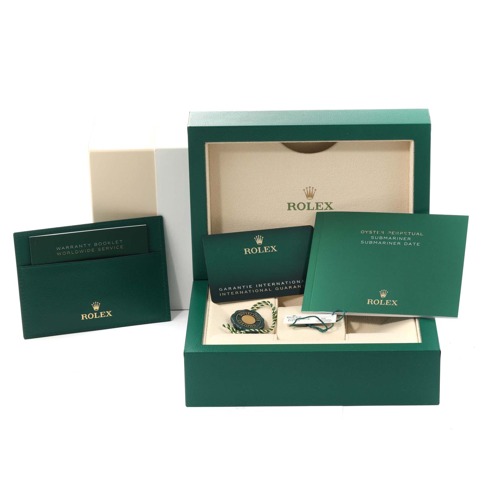 The image shows the packaging, warranty booklet, service book, tags, and manuals for a Rolex Submariner M126613LN-0002 Men's Steel and Gold (two tone) Black Dial M126613LN-0002 Men's Steel and Gold (two tone) Black Dial watch.