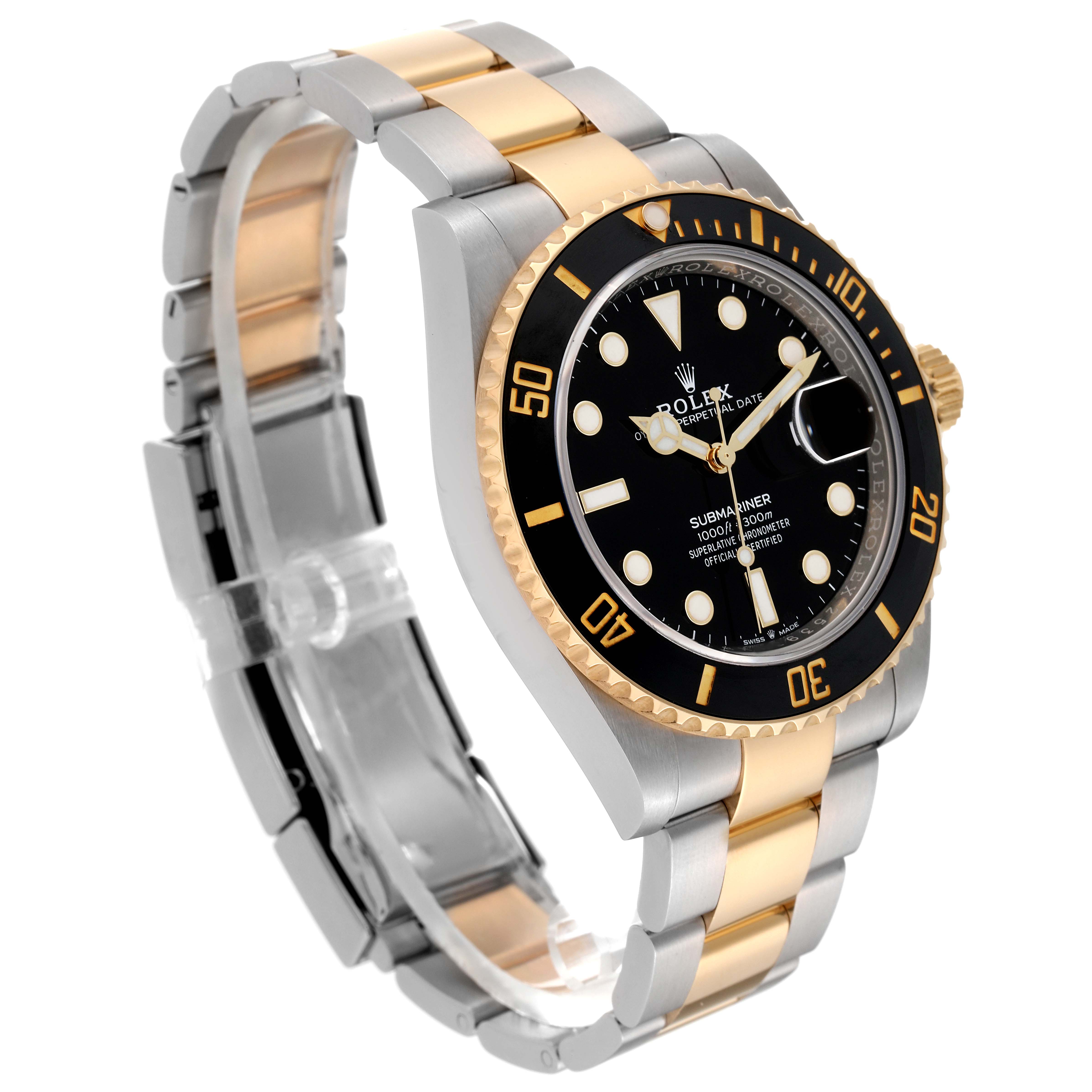 The image shows a side and front angle of a Rolex Submariner M126613LN-0002 Men's Steel and Gold (two tone) Black Dial M126613LN-0002 Men's Steel and Gold (two tone) Black Dial, highlighting its two-tone metal bracelet, black dial, and bezel.