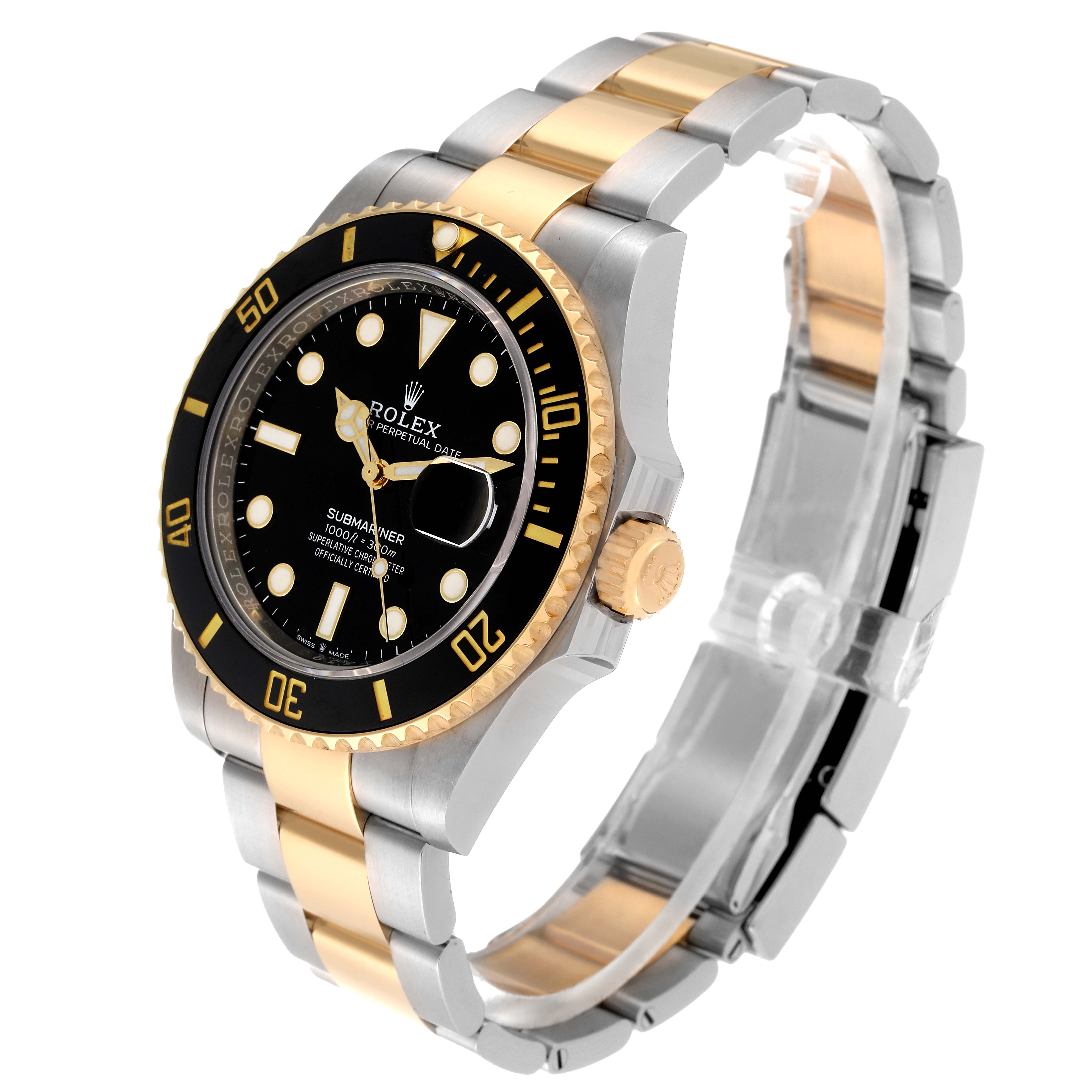 The image shows a Rolex Submariner M126613LN-0002 Men's Steel and Gold (two tone) Black Dial M126613LN-0002 Men's Steel and Gold (two tone) Black Dial watch at a three-quarter angle, highlighting the gold and silver bracelet, black dial, and bezel.