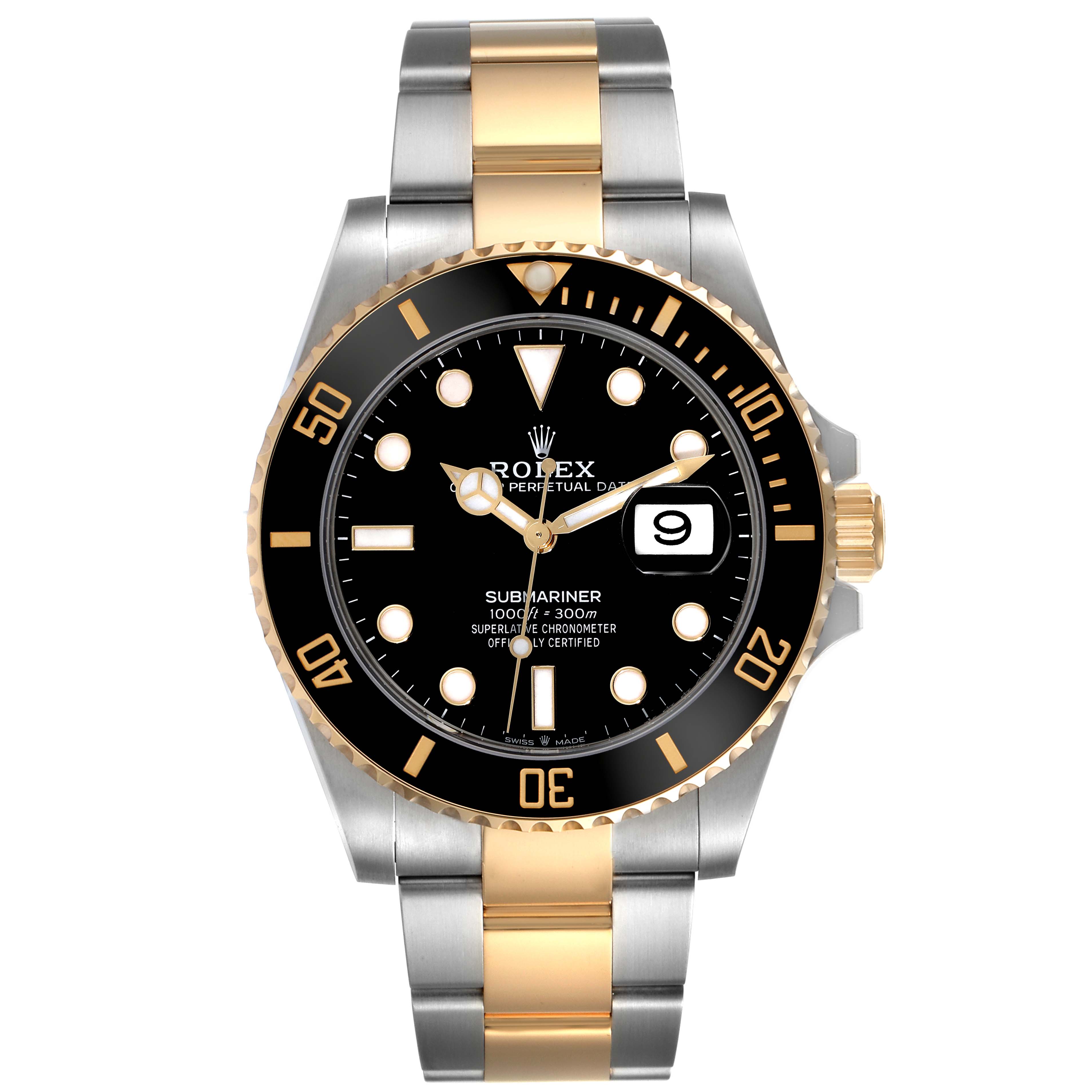 This image shows the front view of a Rolex Submariner M126613LN-0002 Men's Steel and Gold (two tone) Black Dial M126613LN-0002 Men's Steel and Gold (two tone) Black Dial watch showcasing its dial, bezel, and two-tone bracelet.