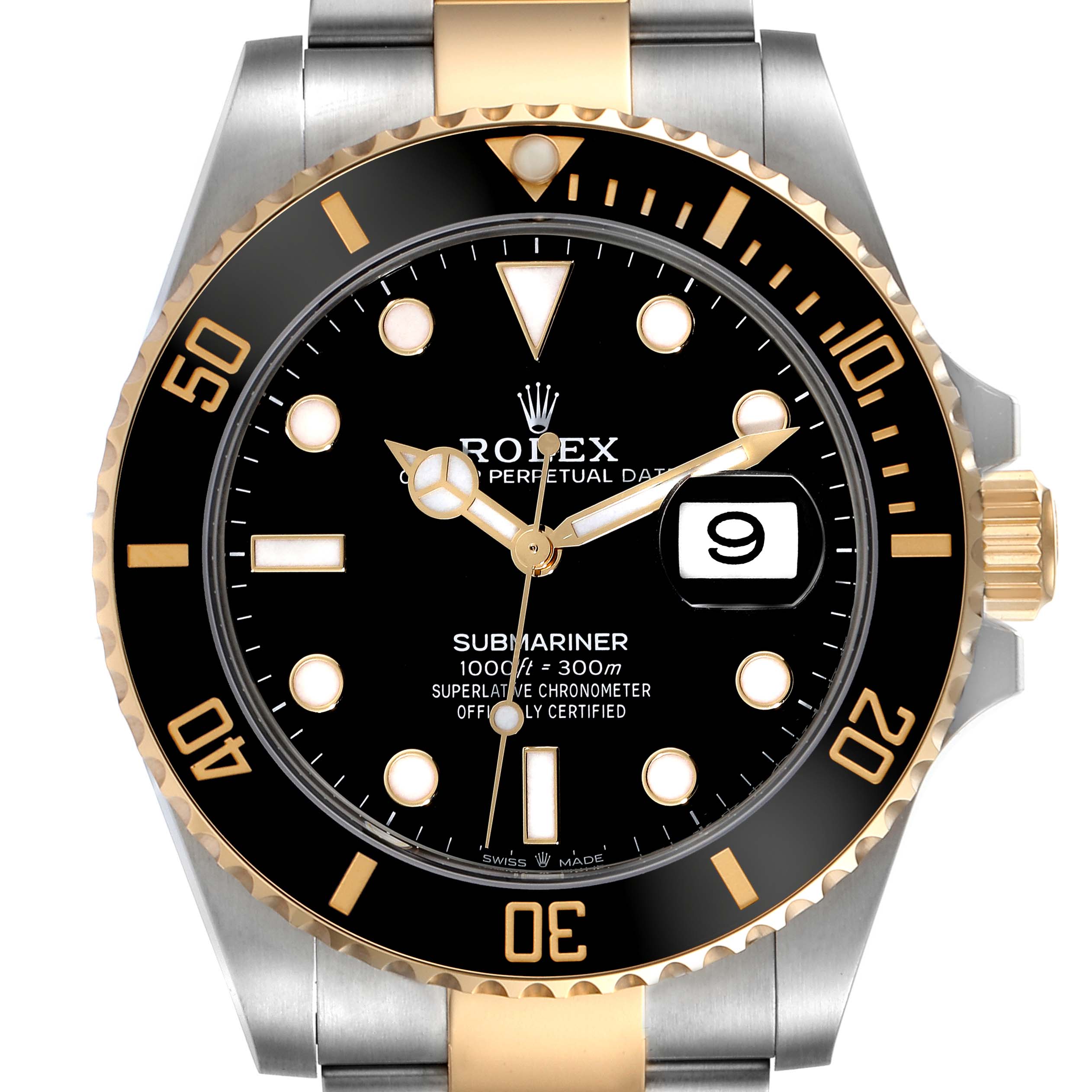This image shows a front view of a Rolex Submariner M126613LN-0002 Men's Steel and Gold (two tone) Black Dial M126613LN-0002 Men's Steel and Gold (two tone) Black Dial, highlighting the dial, bezel, hands, and part of the bracelet.