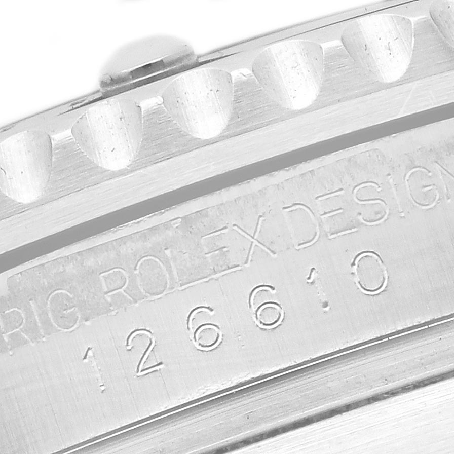 The image shows a close-up of a Rolex Submariner 126610LN Men's Stainless Steel Black Dial 126610LN Men's Stainless Steel Black Dial's case edge, including the engraved model number.