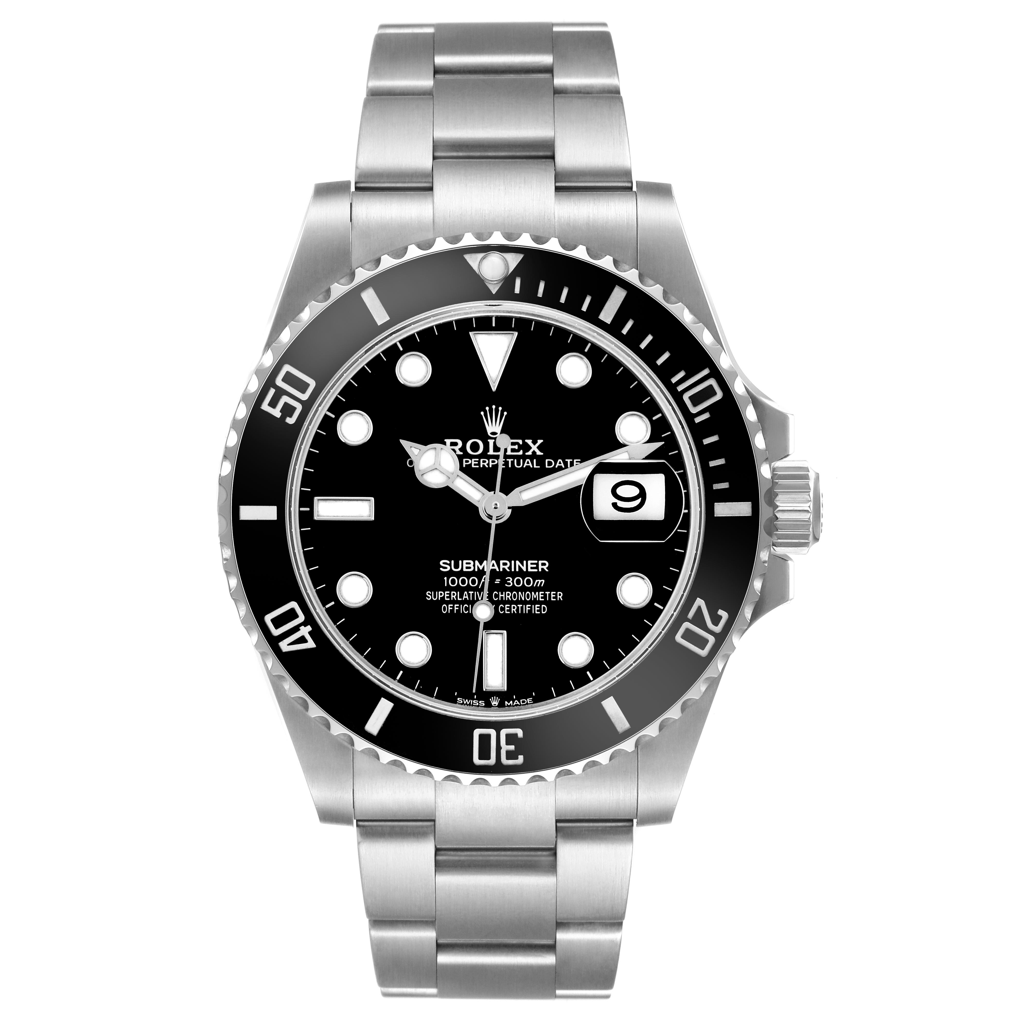 The Rolex Submariner 126610LN Men's Stainless Steel Black Dial 126610LN Men's Stainless Steel Black Dial watch is shown from a front angle, displaying the dial, bezel, and bracelet.