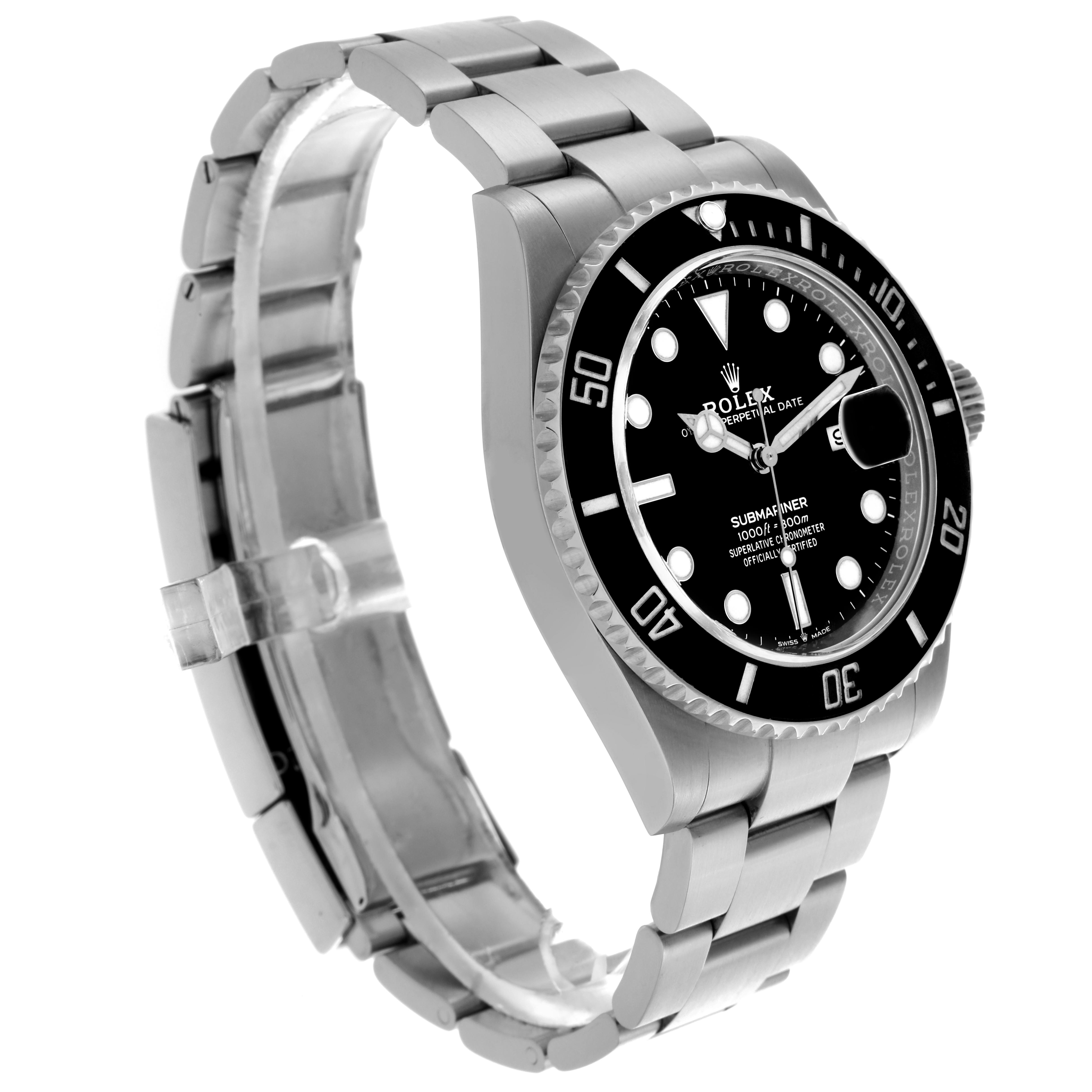 The Rolex Submariner 126610LN Men's Stainless Steel Black Dial 126610LN Men's Stainless Steel Black Dial watch is shown at a three-quarter angle, displaying the face, bezel, crown, and bracelet clearly.