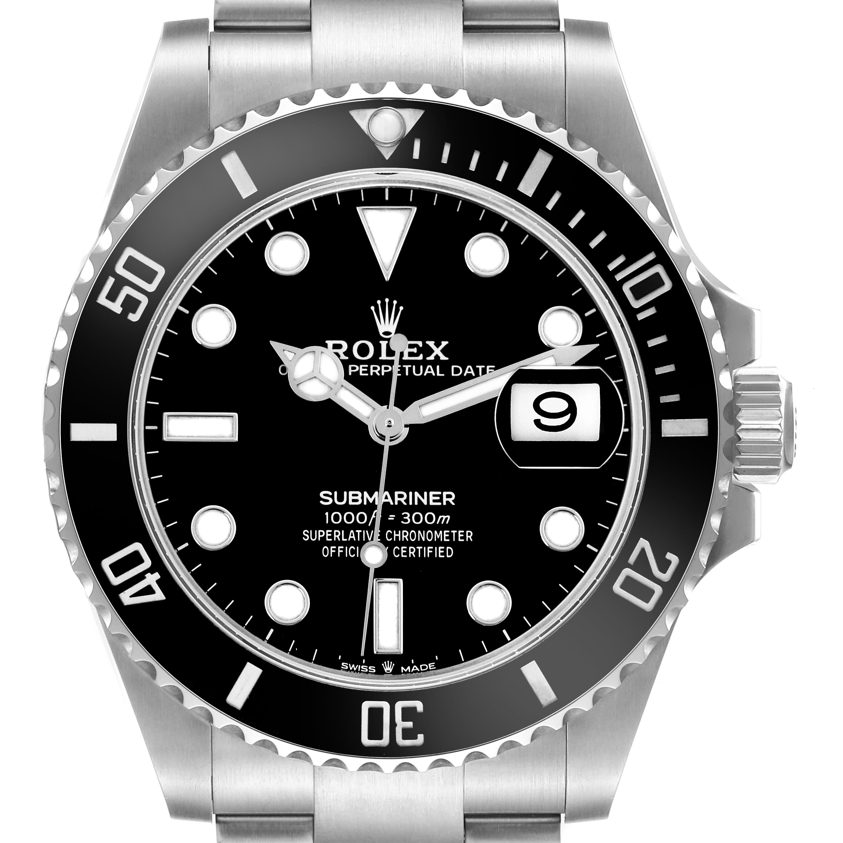 The Rolex Submariner 126610LN Men's Stainless Steel Black Dial 126610LN Men's Stainless Steel Black Dial is shown from a front angle, highlighting the dial, bezel, bracelet, and crown.
