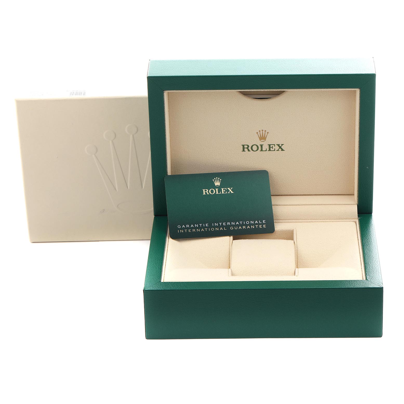 The image shows a Rolex Submariner 126610LN Men's Stainless Steel Black Dial 126610LN Men's Stainless Steel Black Dial watch box with an international guarantee card inside.