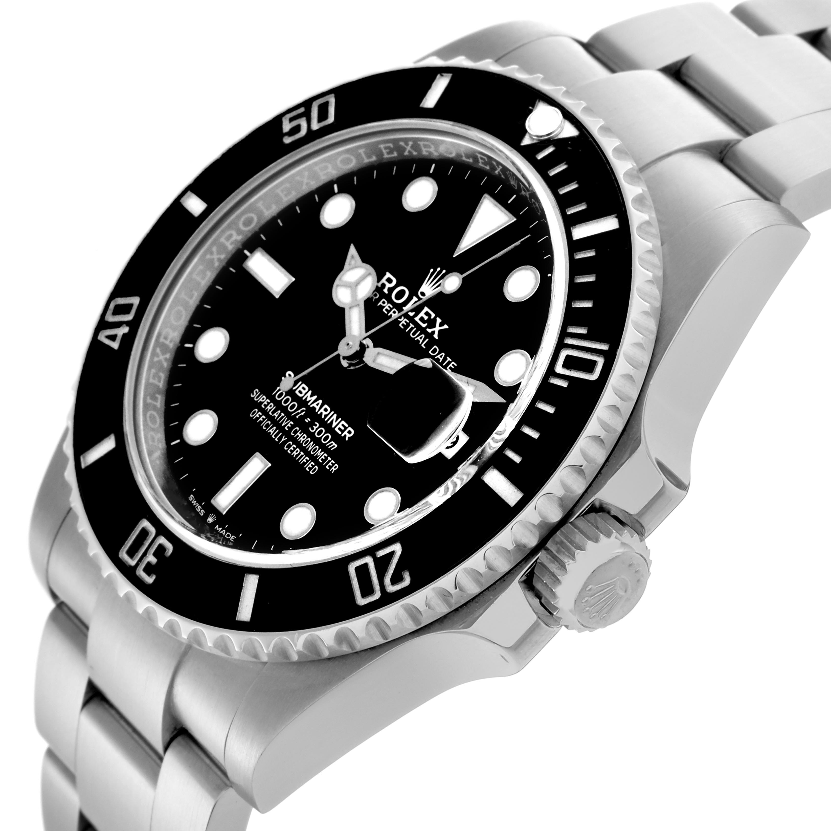 The Rolex Submariner 126610LN Men's Stainless Steel Black Dial 126610LN Men's Stainless Steel Black Dial watch is shown at a side angle, highlighting the bezel, crown, and a portion of the bracelet.