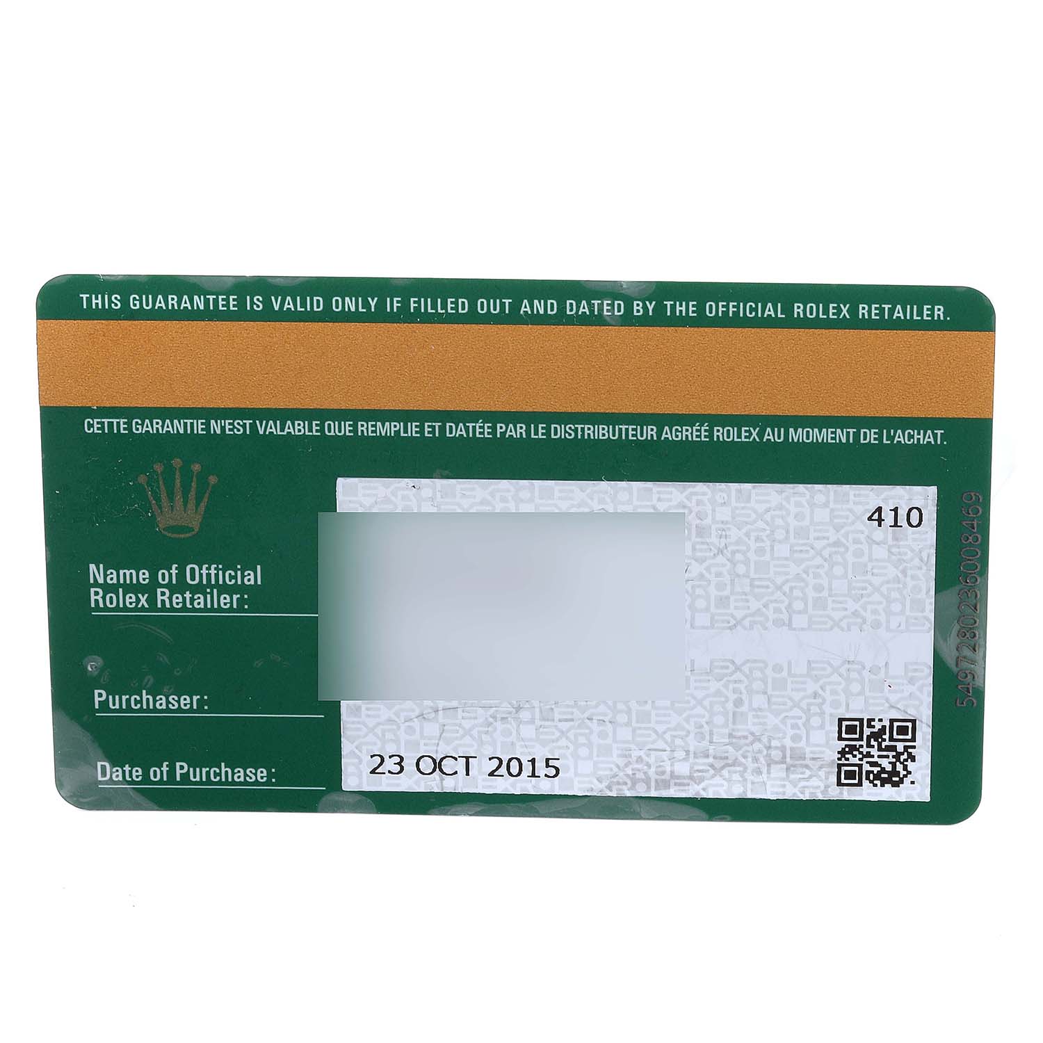 This image shows a guarantee card for the Rolex Submariner 116613 Men's Stainless Steel Blue Dial 116613 Men's Stainless Steel Blue Dial, displaying the date of purchase and retailer information.