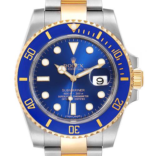 Photo of Rolex Submariner Blue Dial Steel Yellow Gold Mens Watch 116613 Box Card 