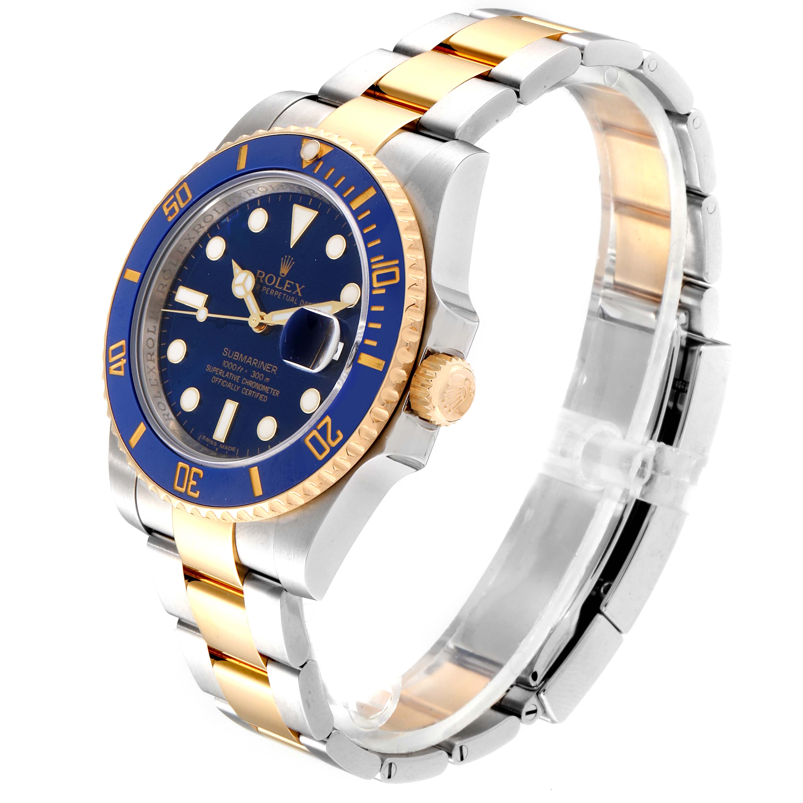 The image shows a side-angle view of the Rolex Submariner 116613 Men's Stainless Steel Blue Dial 116613 Men's Stainless Steel Blue Dial watch, highlighting its bezel, dial, crown, and bracelet.