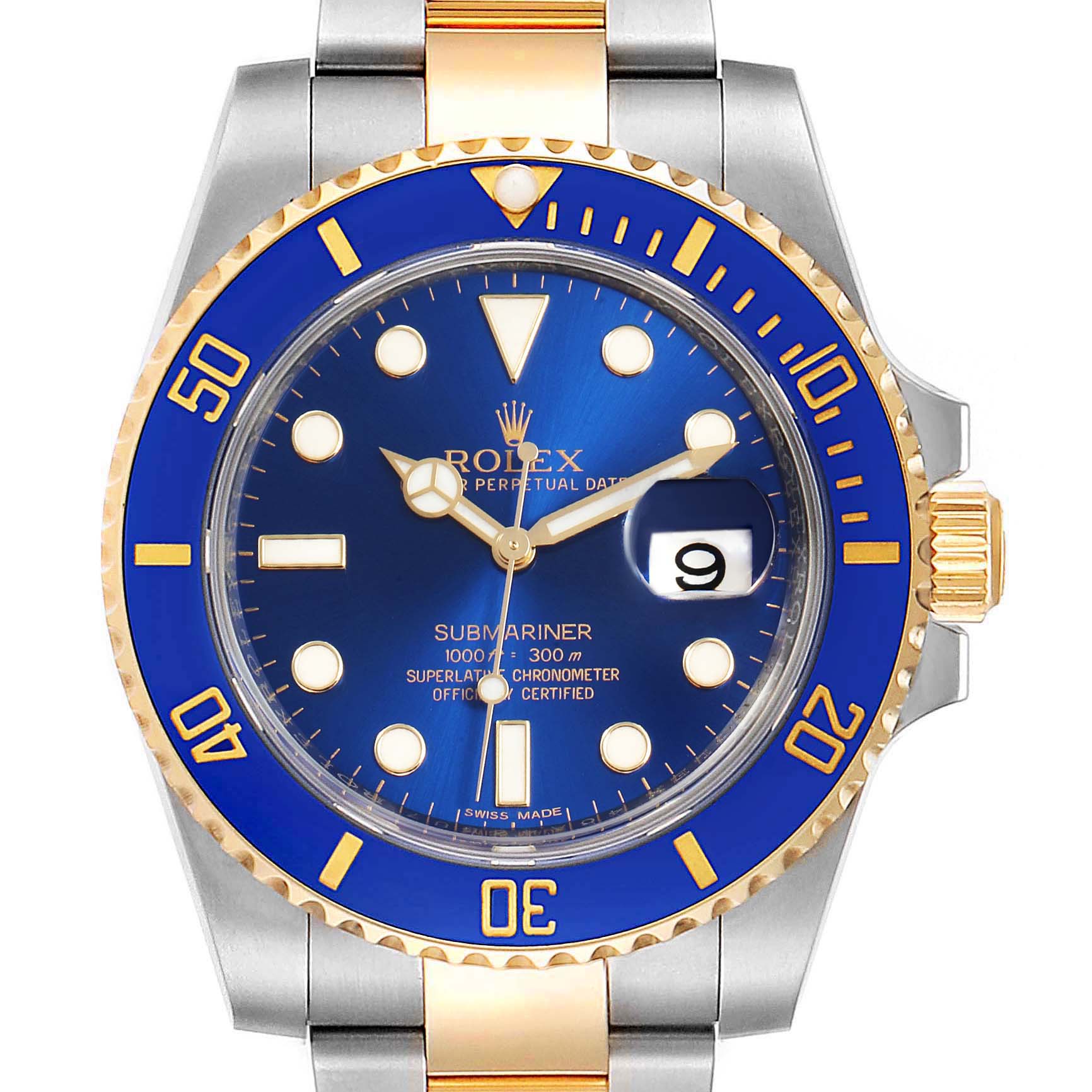 The image shows a front view of a Rolex Submariner 116613 Men's Stainless Steel Blue Dial 116613 Men's Stainless Steel Blue Dial watch, highlighting its blue dial, gold accents, and bezel.