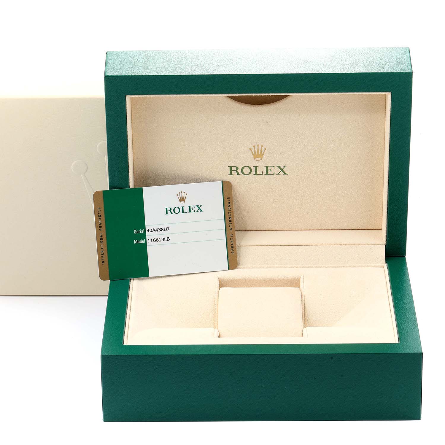 The image shows the open box and warranty card for a Rolex Submariner 116613 Men's Stainless Steel Blue Dial 116613 Men's Stainless Steel Blue Dial model.