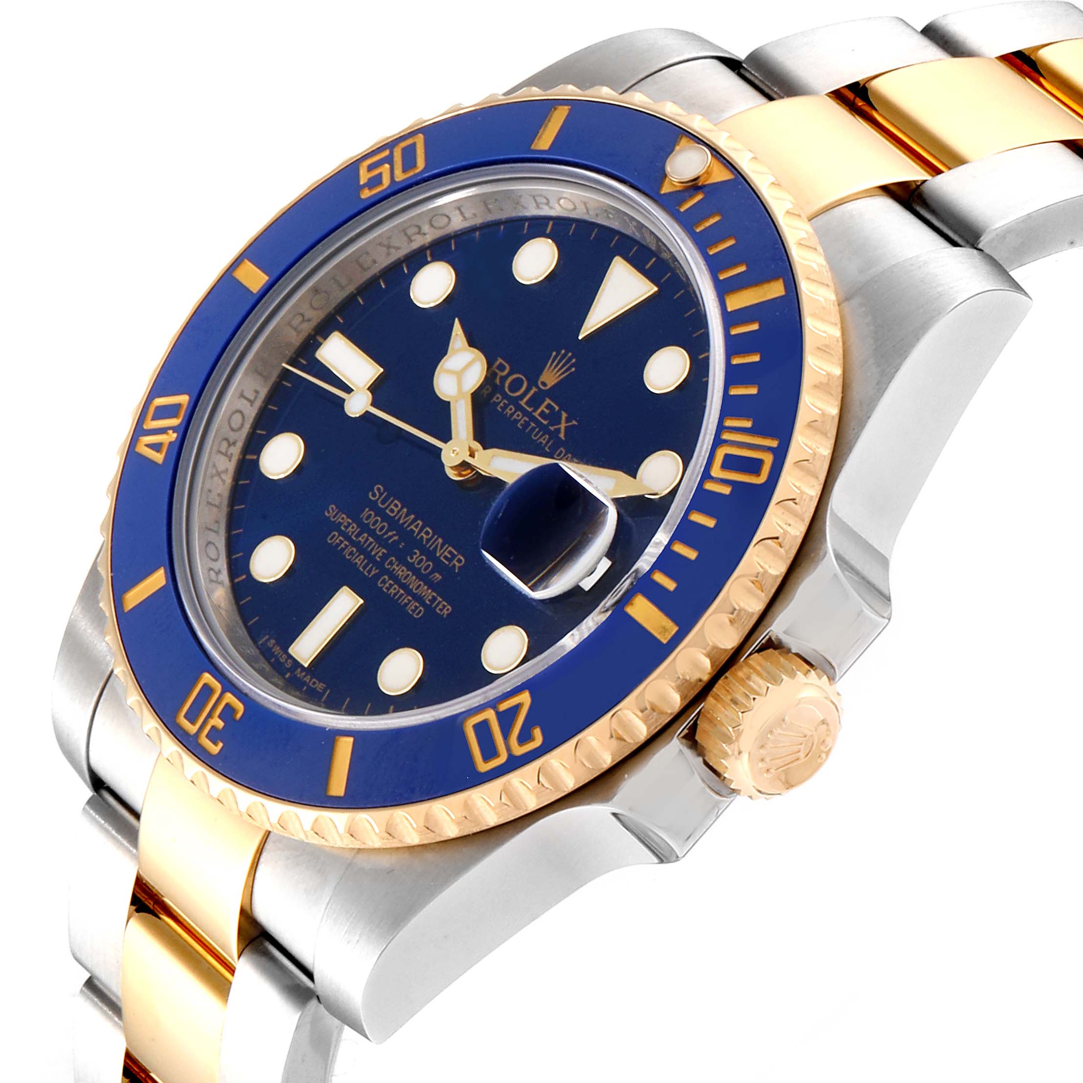 This image shows a close-up, angled view of a Rolex Submariner 116613 Men's Stainless Steel Blue Dial 116613 Men's Stainless Steel Blue Dial watch, highlighting the bezel, dial, crown, and part of the bracelet.