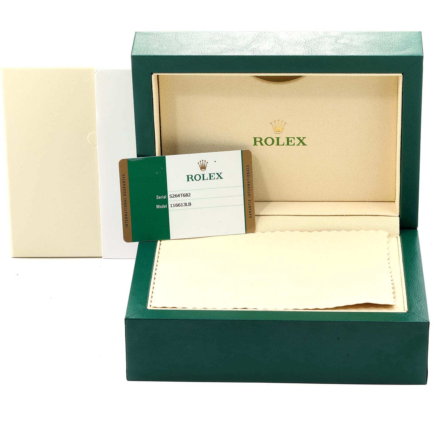 The image shows a Rolex Submariner 116613 Men
s Stainless Steel Blue Dial 116613 Men
s Stainless Steel Blue Dial watch box along with its model and serial number card.