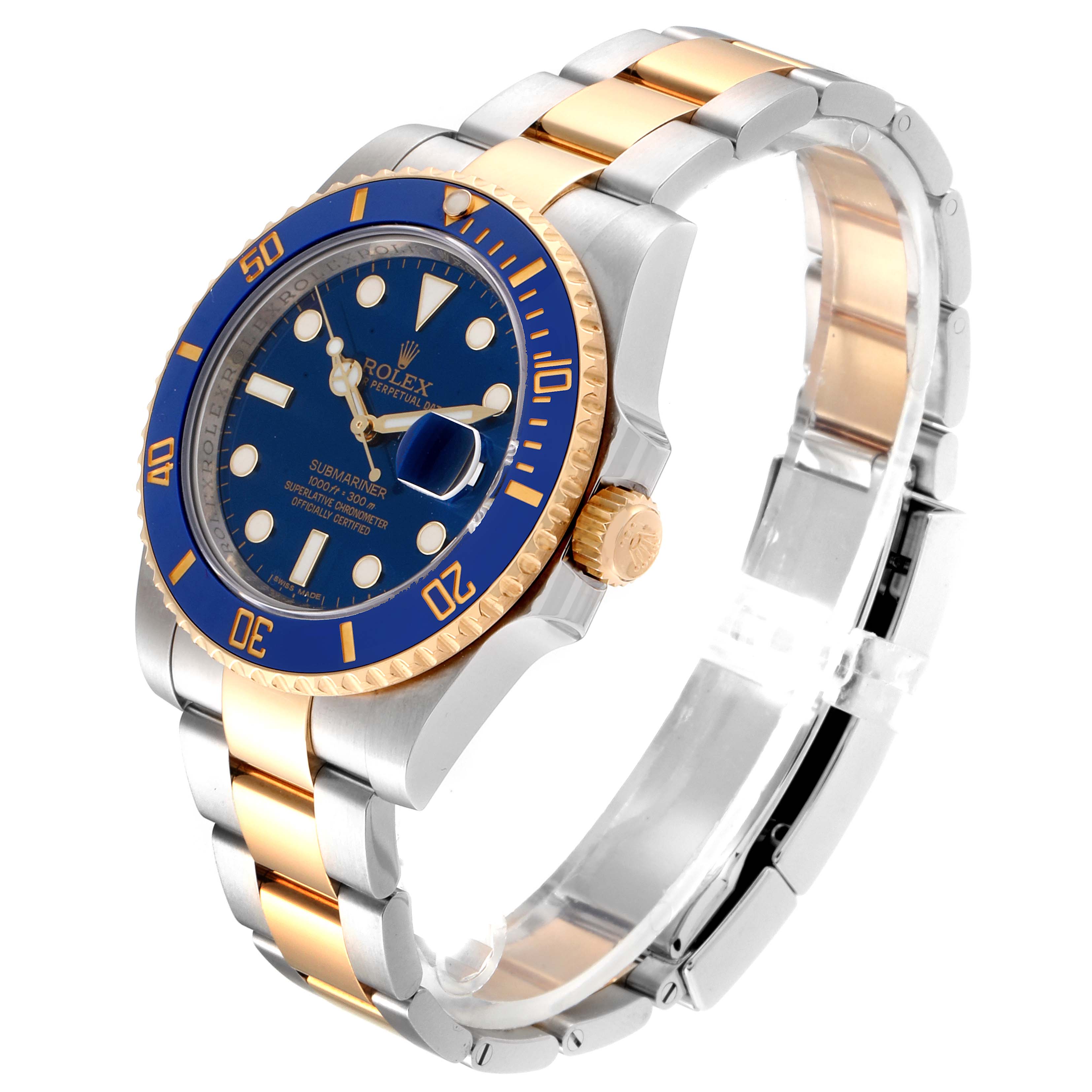 The image shows a side angle of a Rolex Submariner 116613 Men
s Stainless Steel Blue Dial 116613 Men
s Stainless Steel Blue Dial with a blue dial and bi-metallic bracelet.