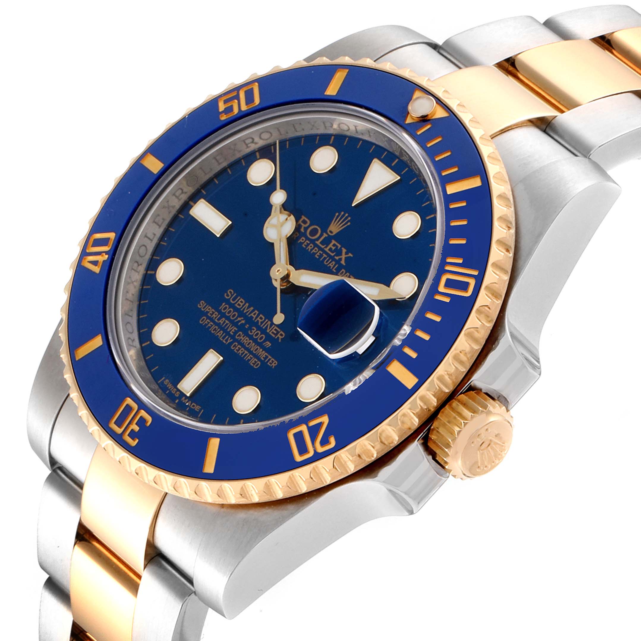 This image shows a Rolex Submariner 116613 Men
s Stainless Steel Blue Dial 116613 Men
s Stainless Steel Blue Dial watch, highlighting the blue dial, blue bezel, gold crown, and two-tone bracelet at an angled side view.