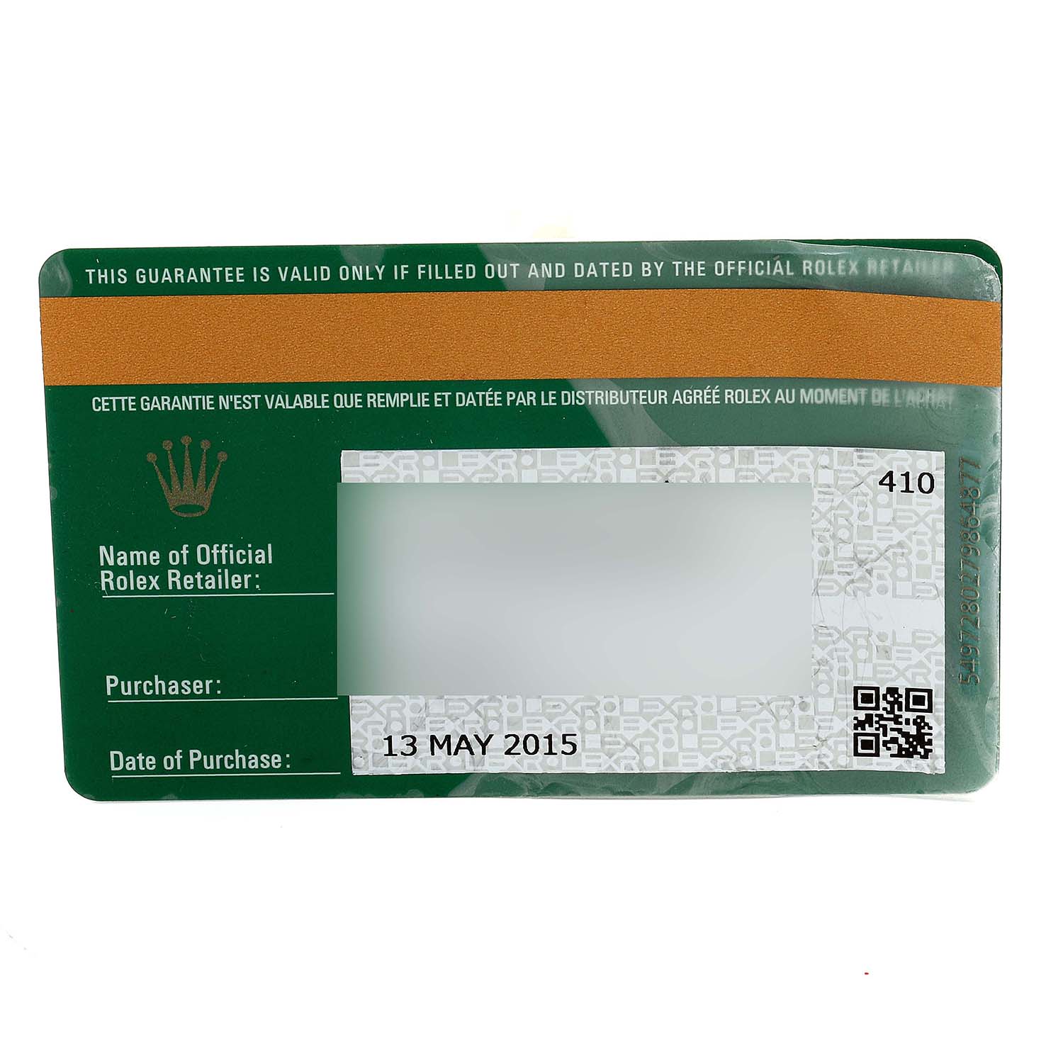 The image shows a warranty card for the Rolex Submariner 116613 Men
s Stainless Steel Blue Dial 116613 Men
s Stainless Steel Blue Dial model, displaying the date of purchase and a section for the retailer
s information.