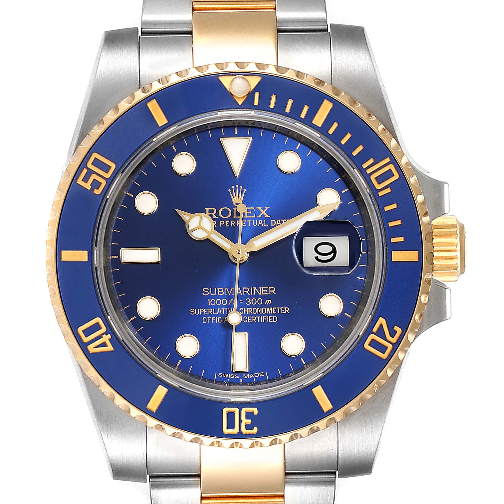 This image shows a front view of a Rolex Submariner 116613 Men
s Stainless Steel Blue Dial 116613 Men
s Stainless Steel Blue Dial watch, highlighting its dial, bezel, and bracelet.