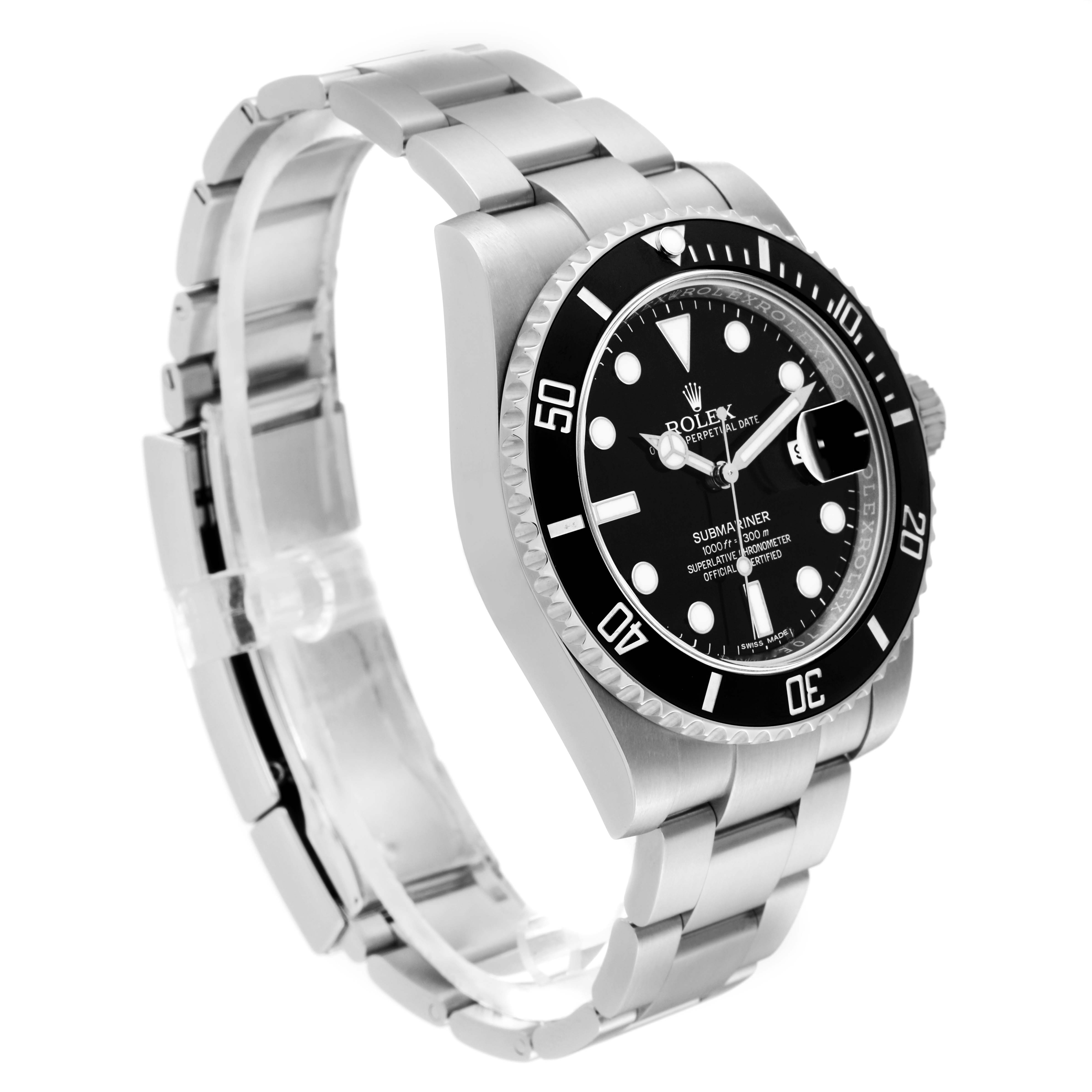 Side angle view of a Rolex Submariner 116610LN Men
s Stainless Steel Black Dial 116610LN Men
s Stainless Steel Black Dial, showing the dial, bezel, crown, and bracelet.