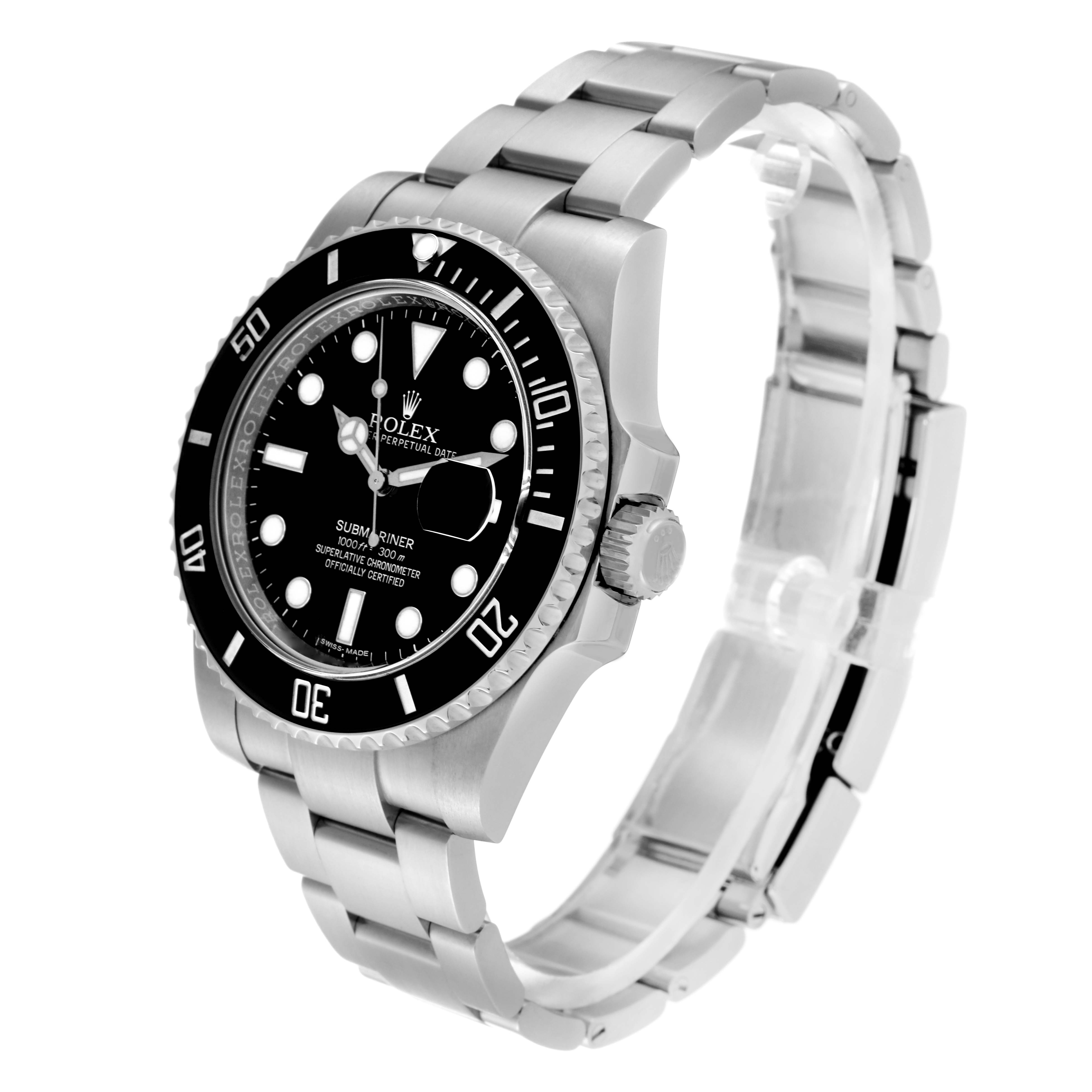The image shows a Rolex Submariner 116610LN Men
s Stainless Steel Black Dial 116610LN Men
s Stainless Steel Black Dial watch at a three-quarter angle, highlighting its bezel, dial, and bracelet.