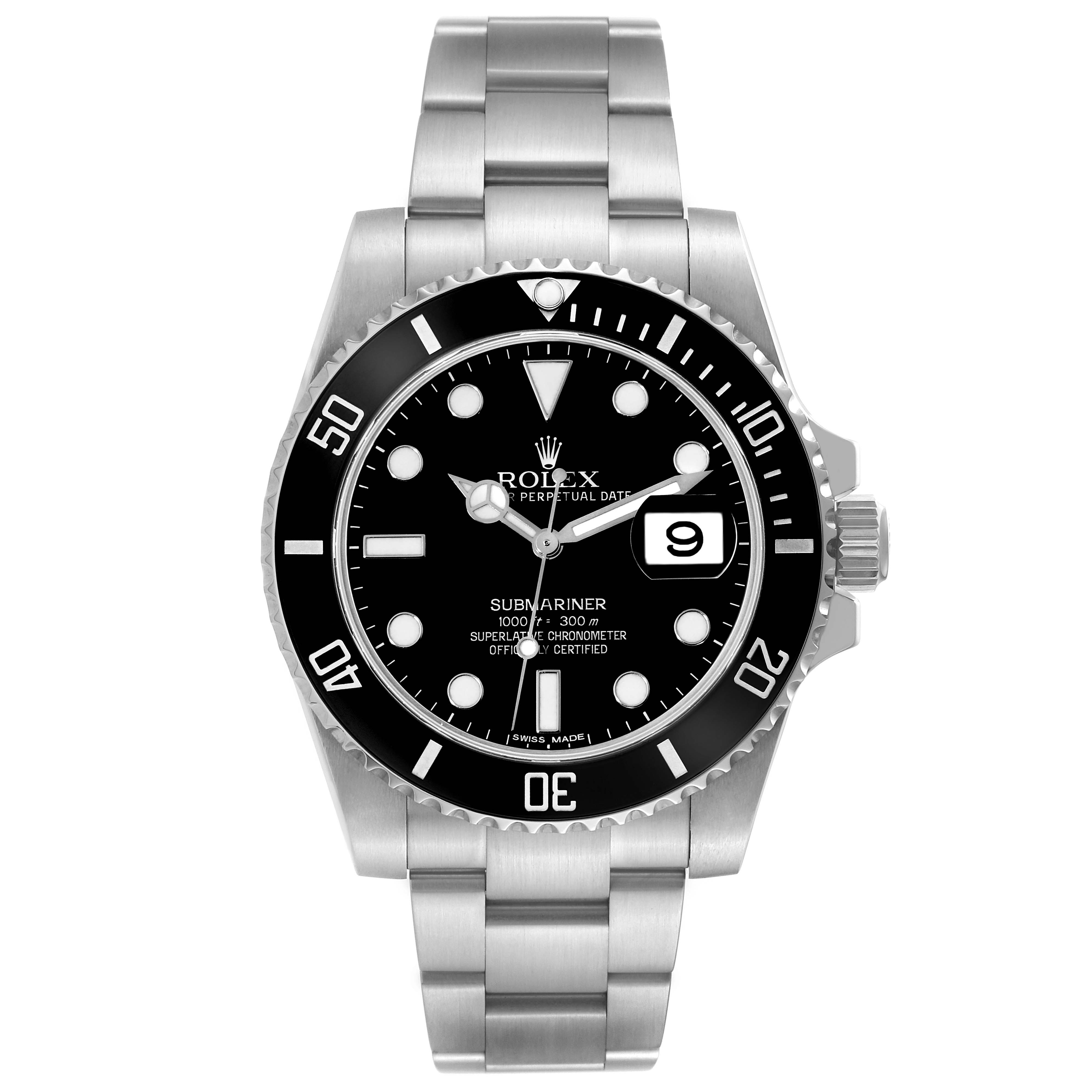 This image shows a front view of the Rolex Submariner 116610LN Men
s Stainless Steel Black Dial 116610LN Men
s Stainless Steel Black Dial watch, displaying its black dial, bezel, and stainless steel bracelet.