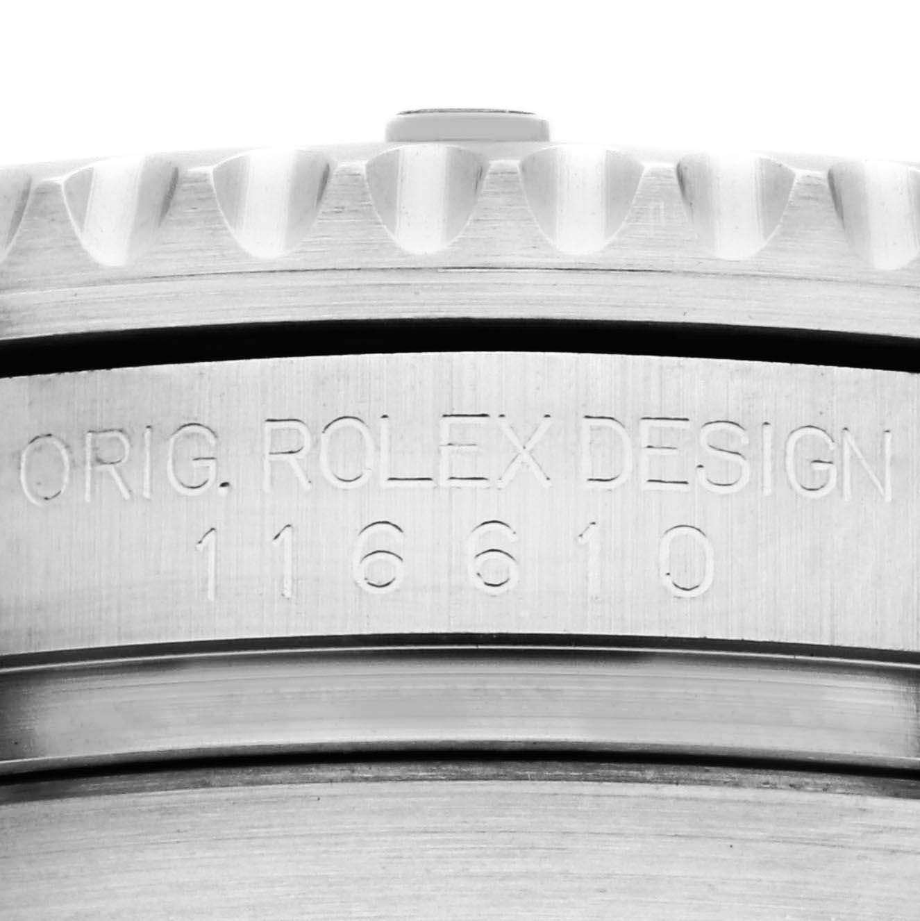 This image shows a close-up of the casing of a Rolex Submariner 116610LN Men
s Stainless Steel Black Dial 116610LN Men
s Stainless Steel Black Dial model, highlighting the engraved model number 116610.