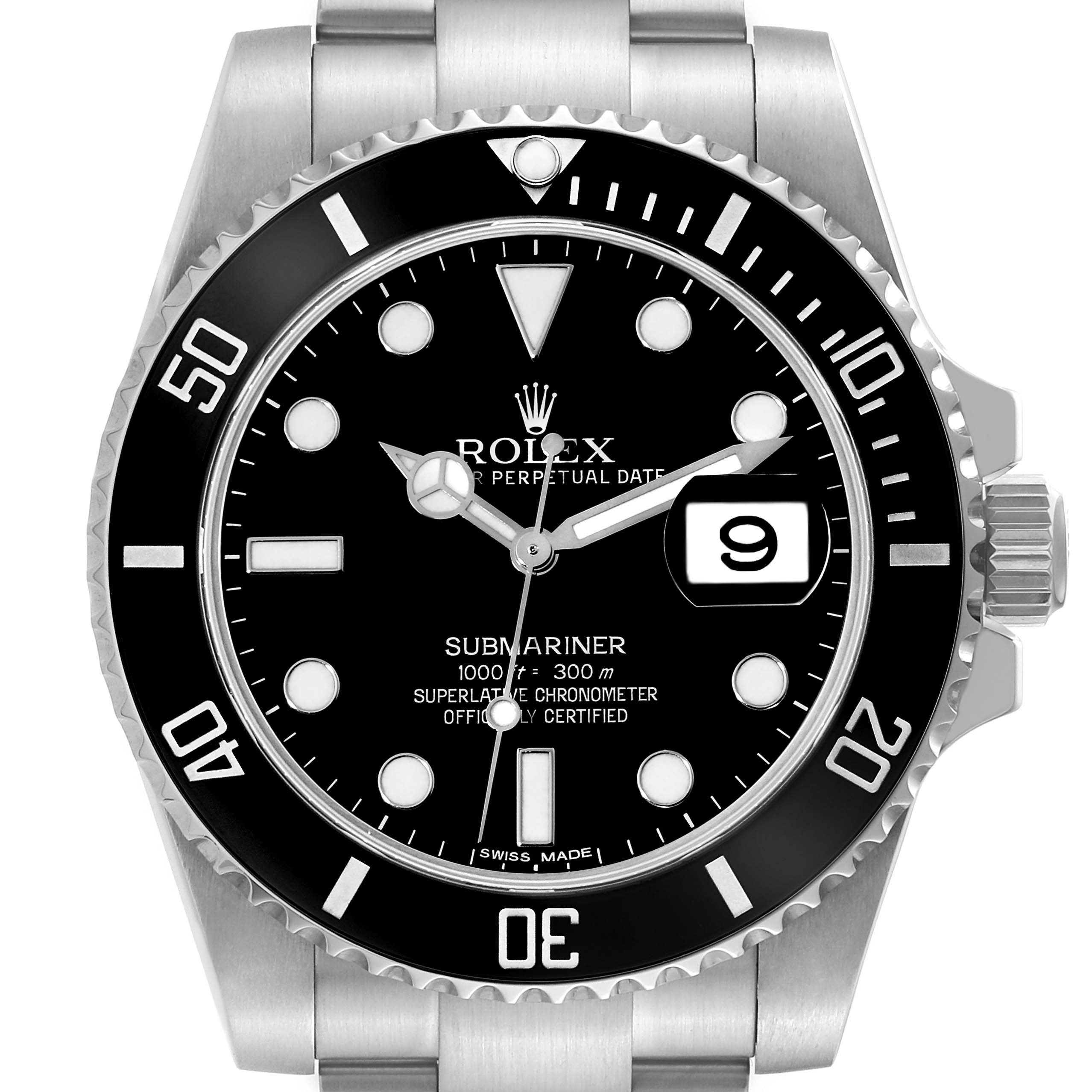 The image shows a front view of a Rolex Submariner 116610LN Men
s Stainless Steel Black Dial 116610LN Men
s Stainless Steel Black Dial watch, highlighting its bezel, dial, hands, date window, and part of the bracelet.