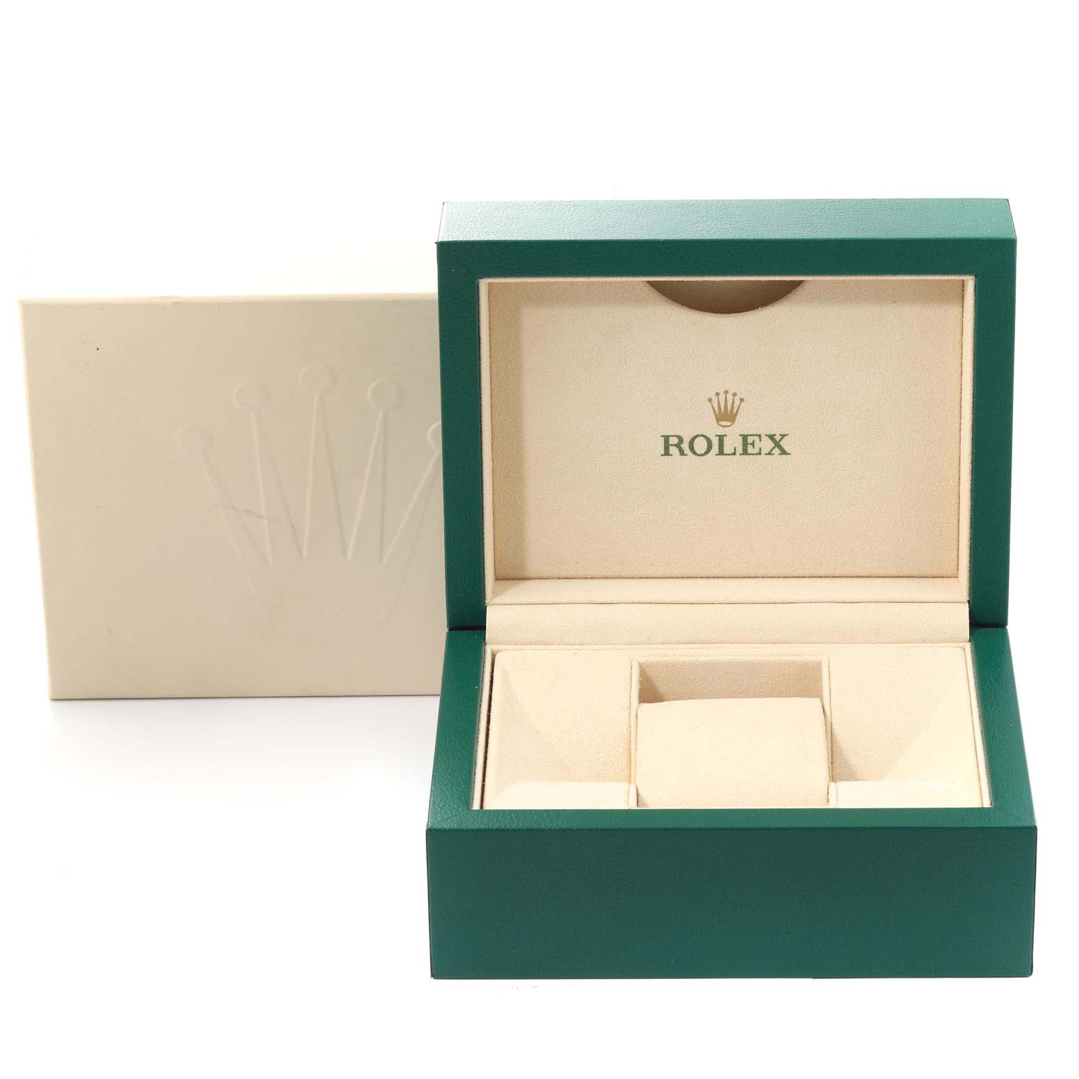 The image shows an open, empty Rolex watch box with the brand
s logo, designed for the Submariner model.