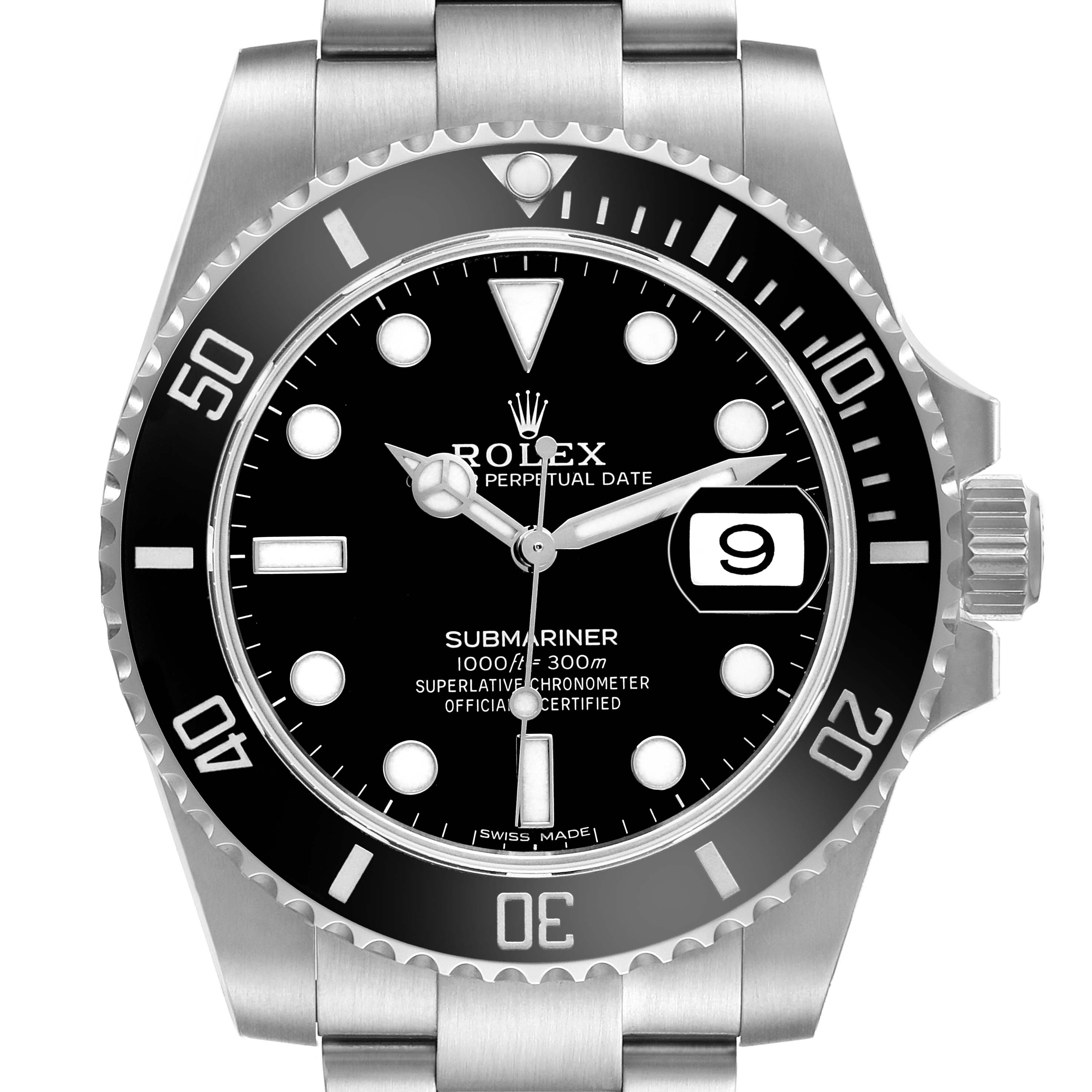 The Rolex Submariner 116610LN Men's Stainless Steel Black Dial watch is shown from the front, displaying its dial, bezel, crown, and part of the bracelet.