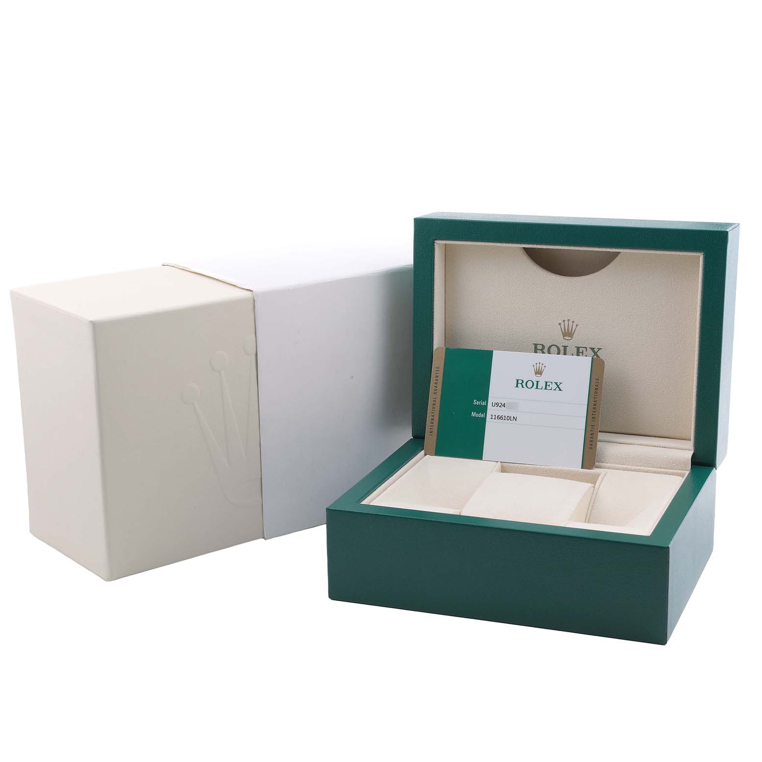 The image shows a Rolex Submariner 116610LN Men's Stainless Steel Black Dial watch box and warranty card, viewed from the front.