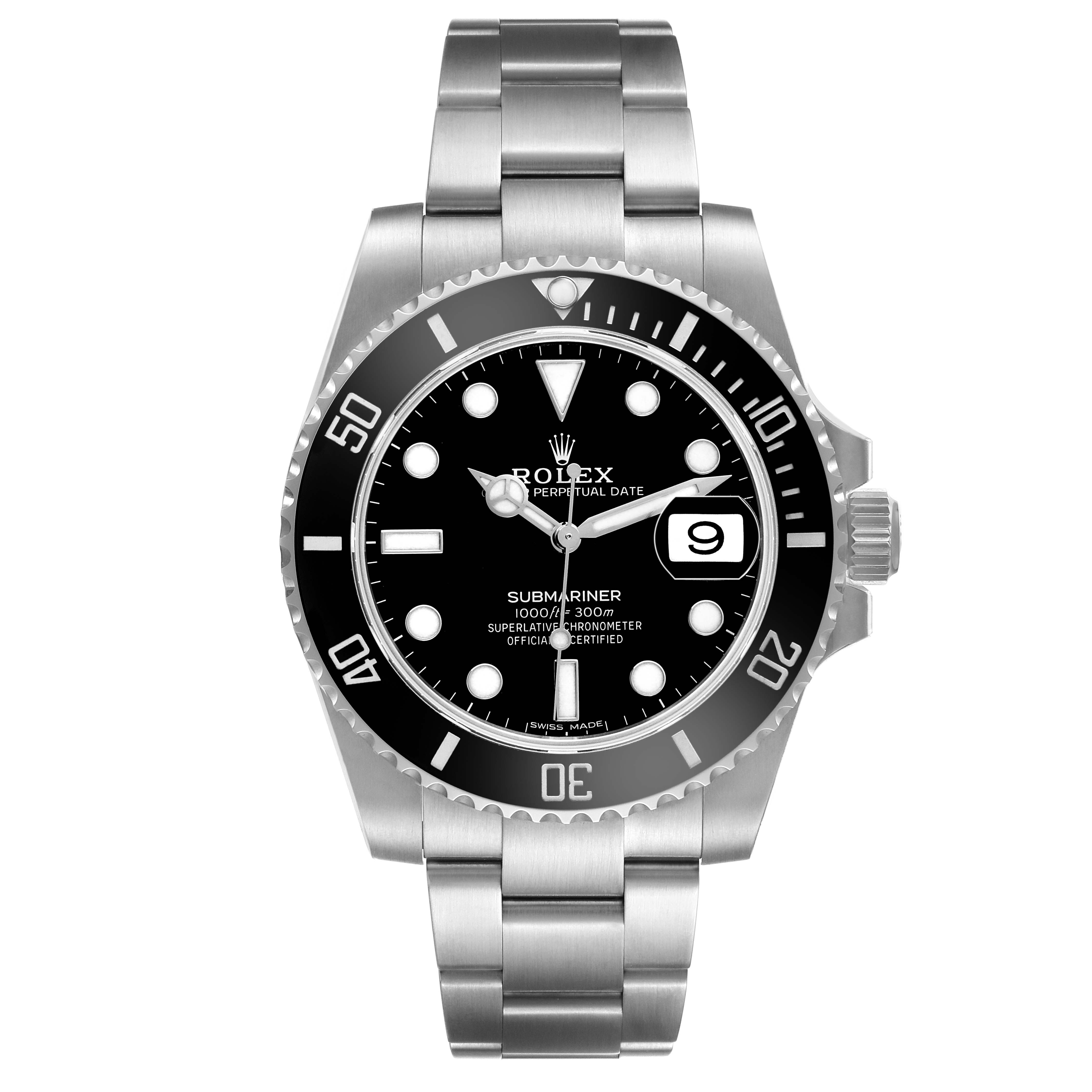 The image shows a front view of a Rolex Submariner 116610LN Men's Stainless Steel Black Dial watch, displaying its bezel, dial, bracelet, and date window.