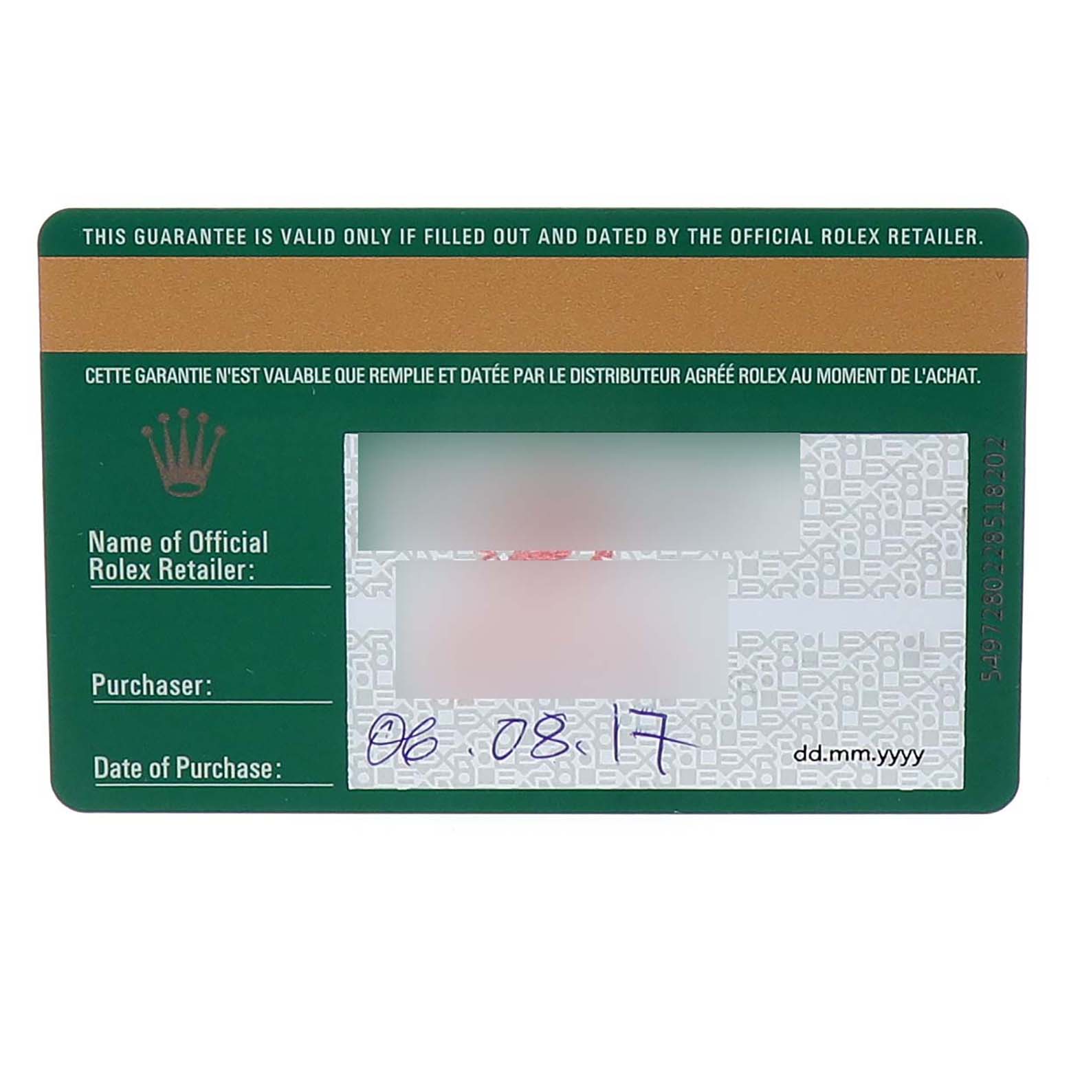 The image shows a Rolex Submariner 116610LN Men's Stainless Steel Black Dial warranty card featuring the brand logo, placeholder text, and a purchase date.