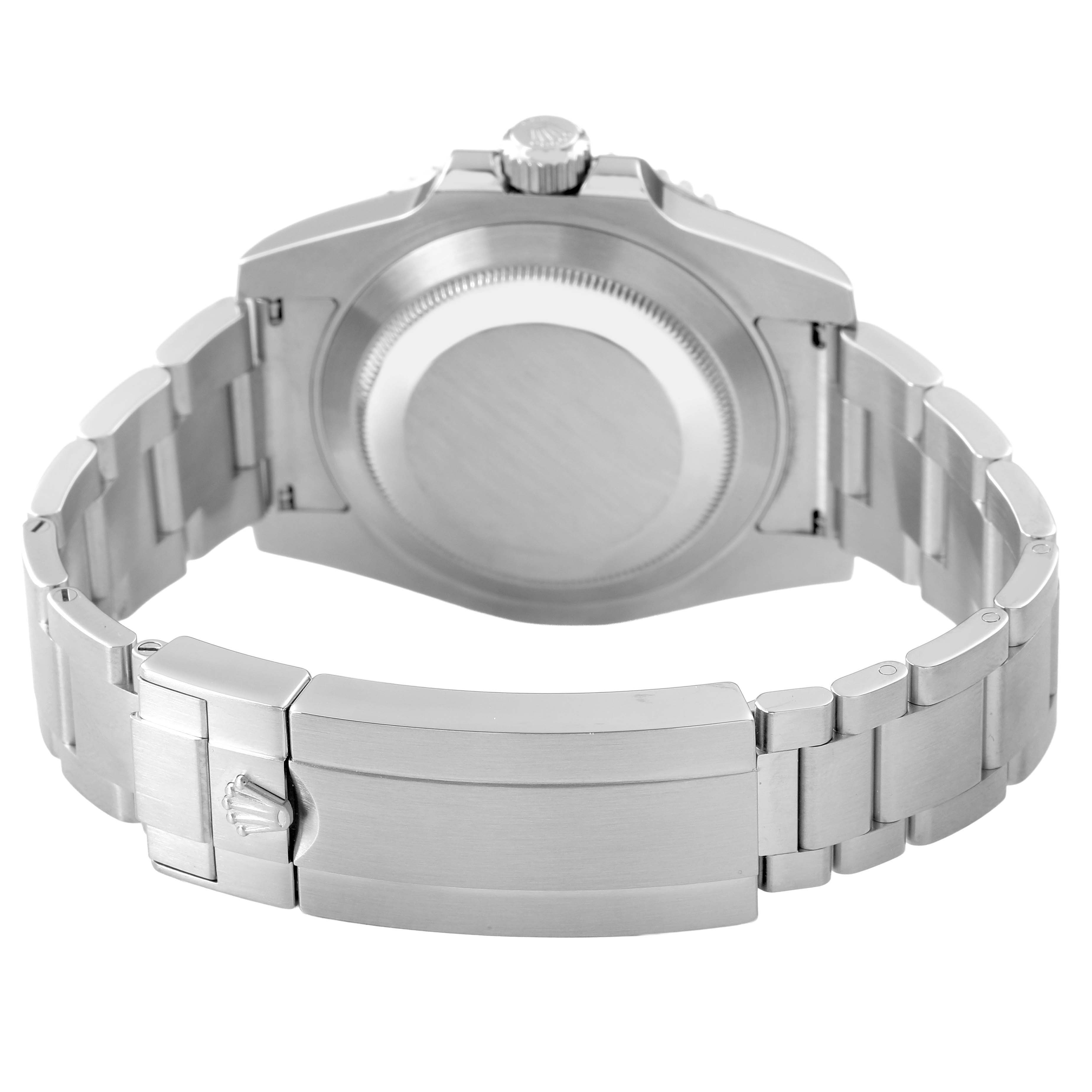 The image shows the back of a Rolex Submariner 116610LN Men's Stainless Steel Black Dial, highlighting the case back and clasp of the bracelet.