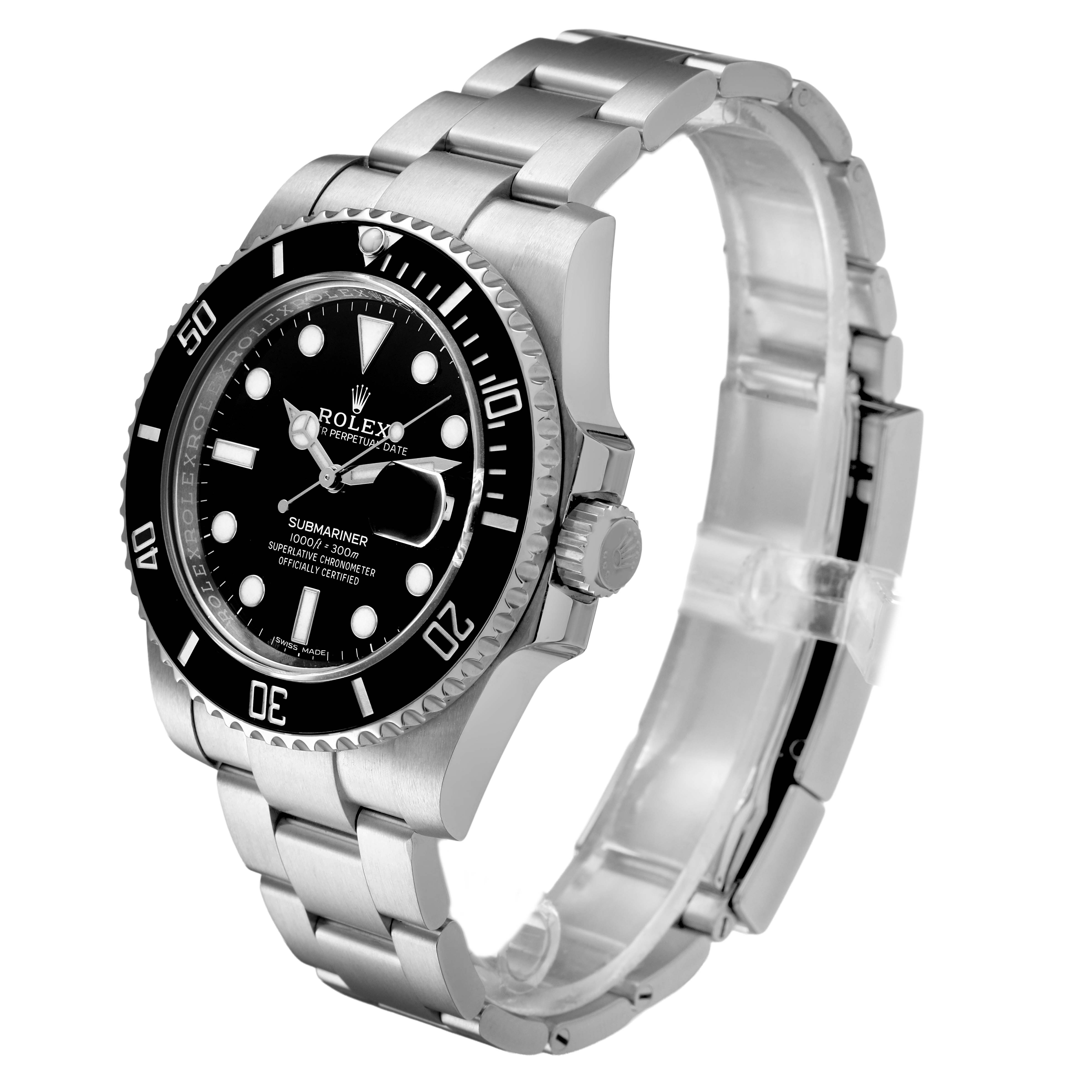 The Rolex Submariner 116610LN Men's Stainless Steel Black Dial watch is shown at a three-quarter angle, displaying the bezel, dial, crown, bracelet, and clasp.