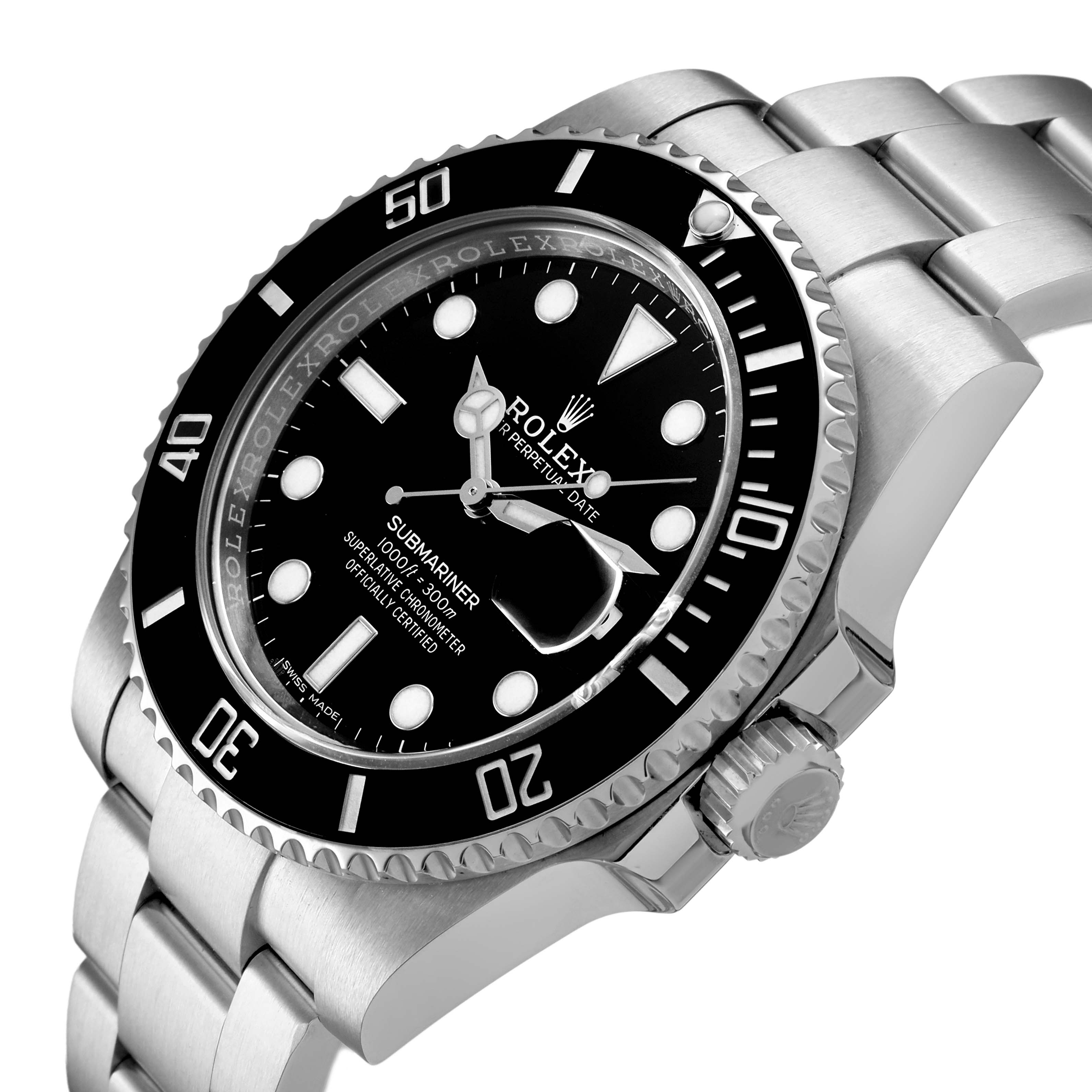 The Rolex Submariner 116610LN Men's Stainless Steel Black Dial watch is shown at an angled side view, highlighting its bezel, dial, crown, and stainless steel bracelet.