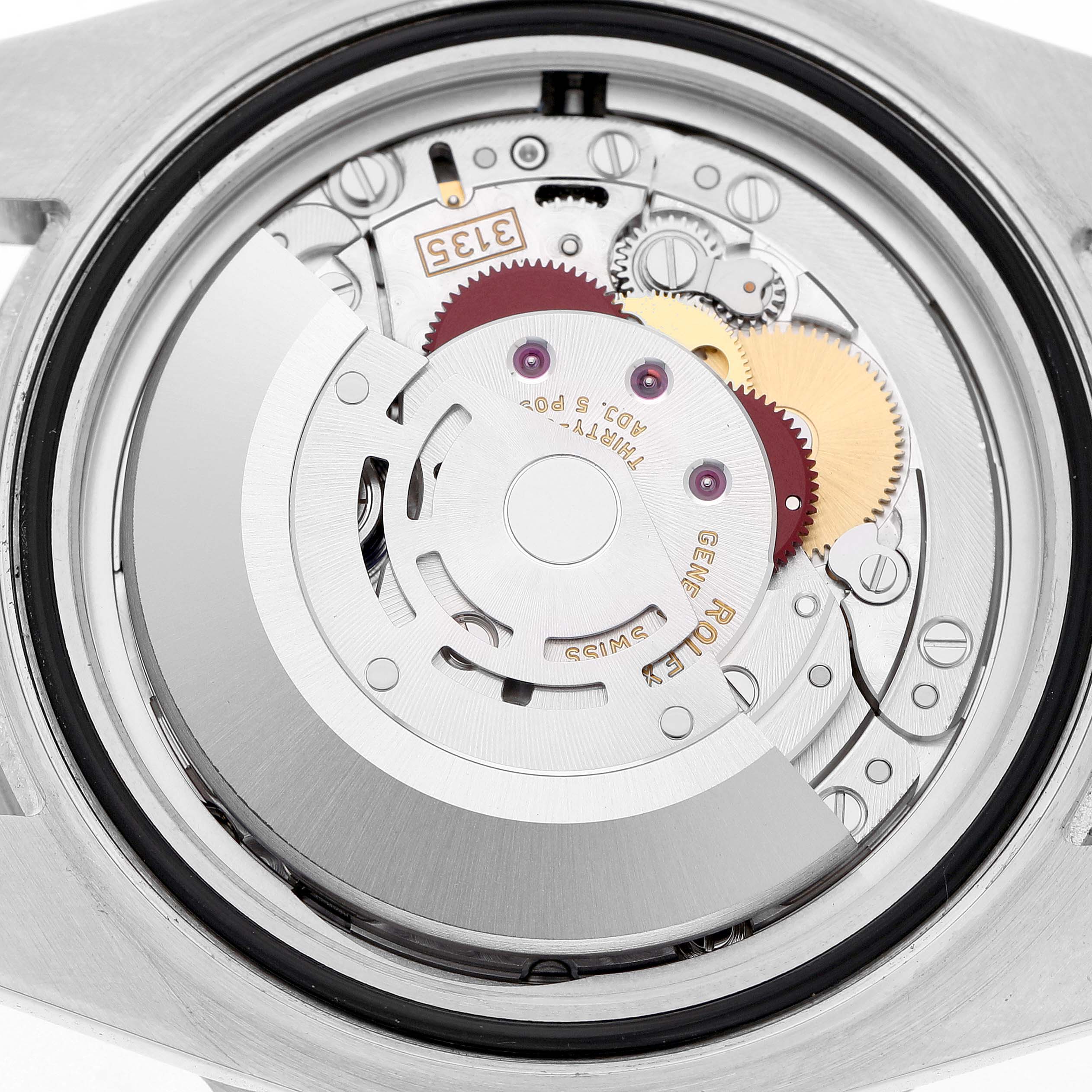 The image shows the internal mechanism of a Rolex Submariner 116610LN Men's Stainless Steel Black Dial watch from the back, revealing gears and the rotor.