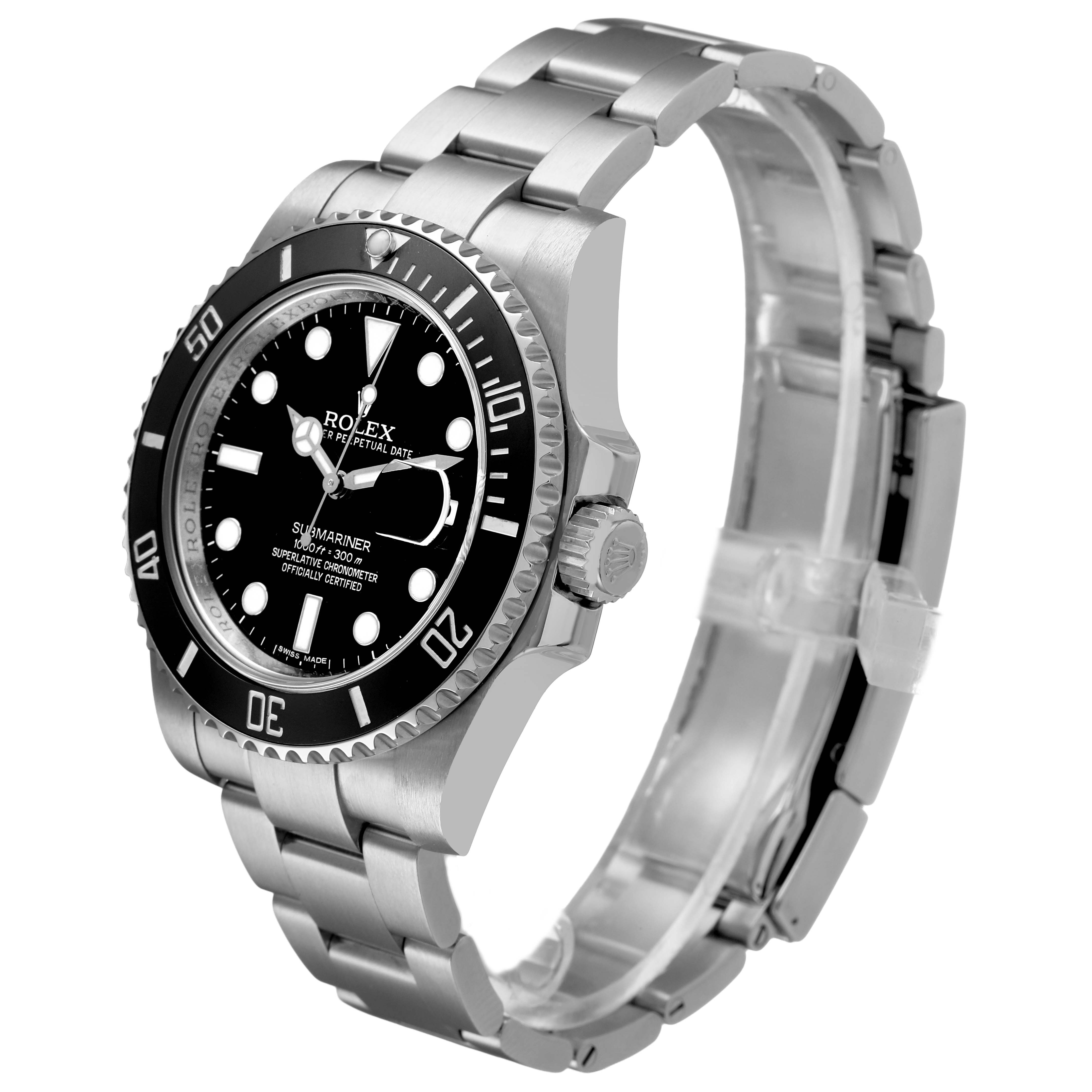 The Rolex Submariner 116610LN Men's Stainless Steel Black Dial watch is shown at a three-quarter angle, highlighting the bezel, dial, case, and bracelet.