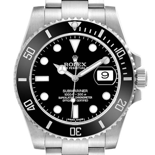 The Rolex Submariner 116610LN Men's Stainless Steel Black Dial watch is shown from a front angle displaying the dial, bezel, hands, and crown.