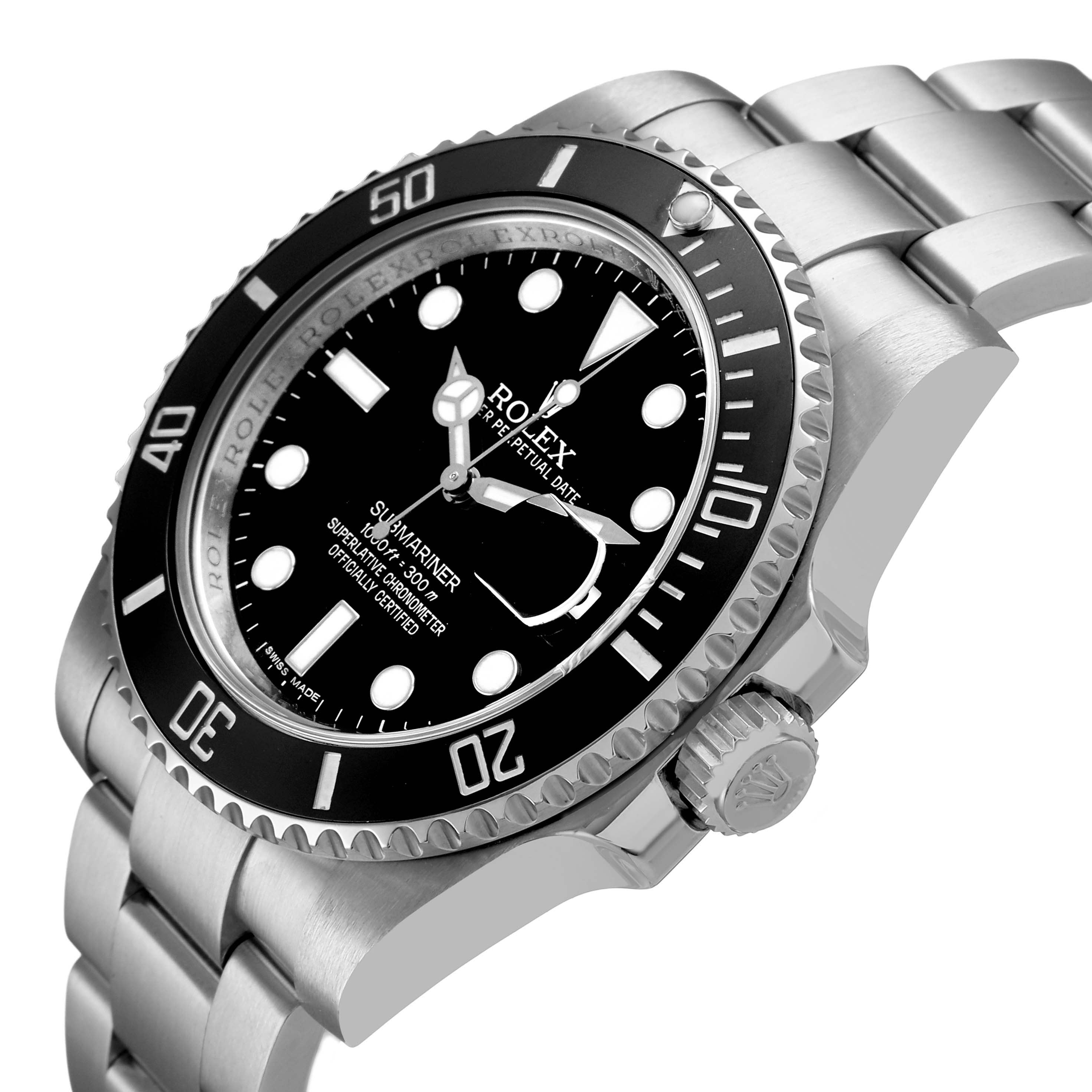 The Rolex Submariner 116610LN Men's Stainless Steel Black Dial watch is shown from an angled side view, highlighting the bezel, dial, and bracelet.