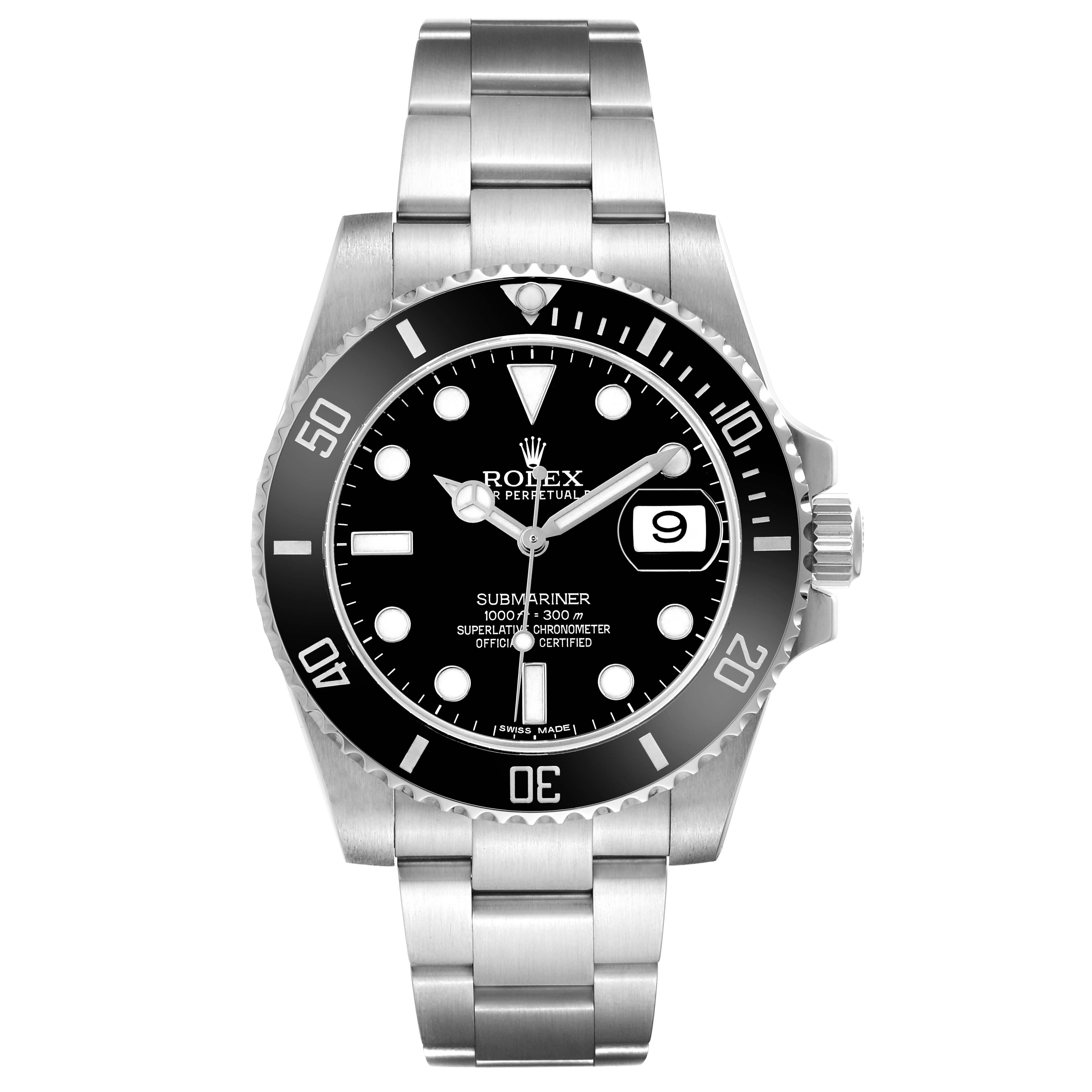 The Rolex Submariner 116610LN Men's Stainless Steel Black Dial watch is shown from the front, displaying its bezel, dial, hands, bracelet, and date window.