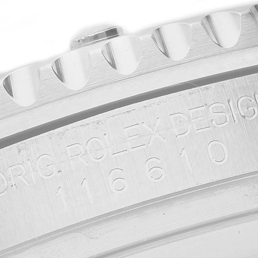 The image shows a close-up of the bezel edge and engraved text on the side of the Rolex Submariner 116610LN Men's Stainless Steel Black Dial watch case.