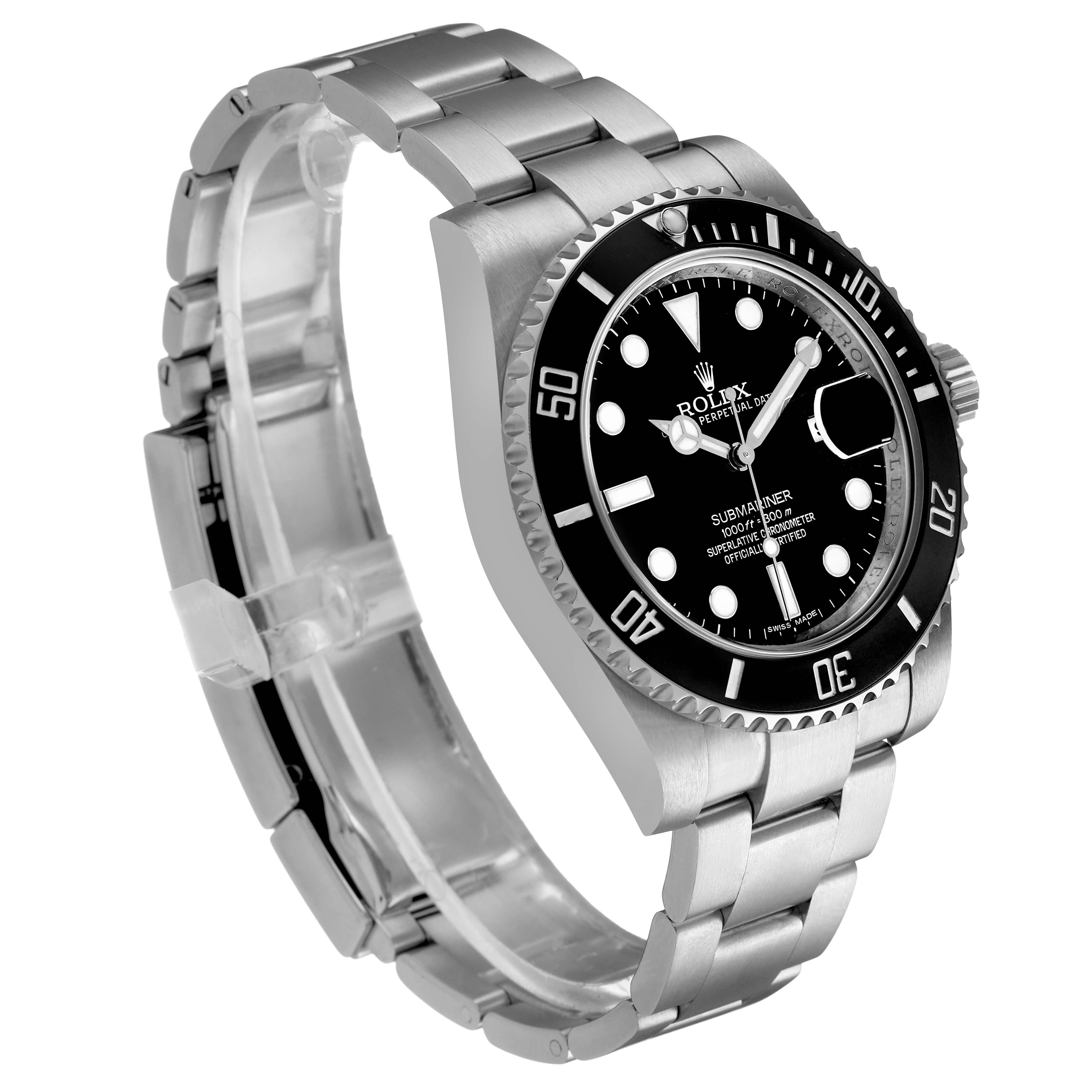 The Rolex Submariner 116610LN Men's Stainless Steel Black Dial is shown at an angled view highlighting the dial, bezel, and stainless steel bracelet.